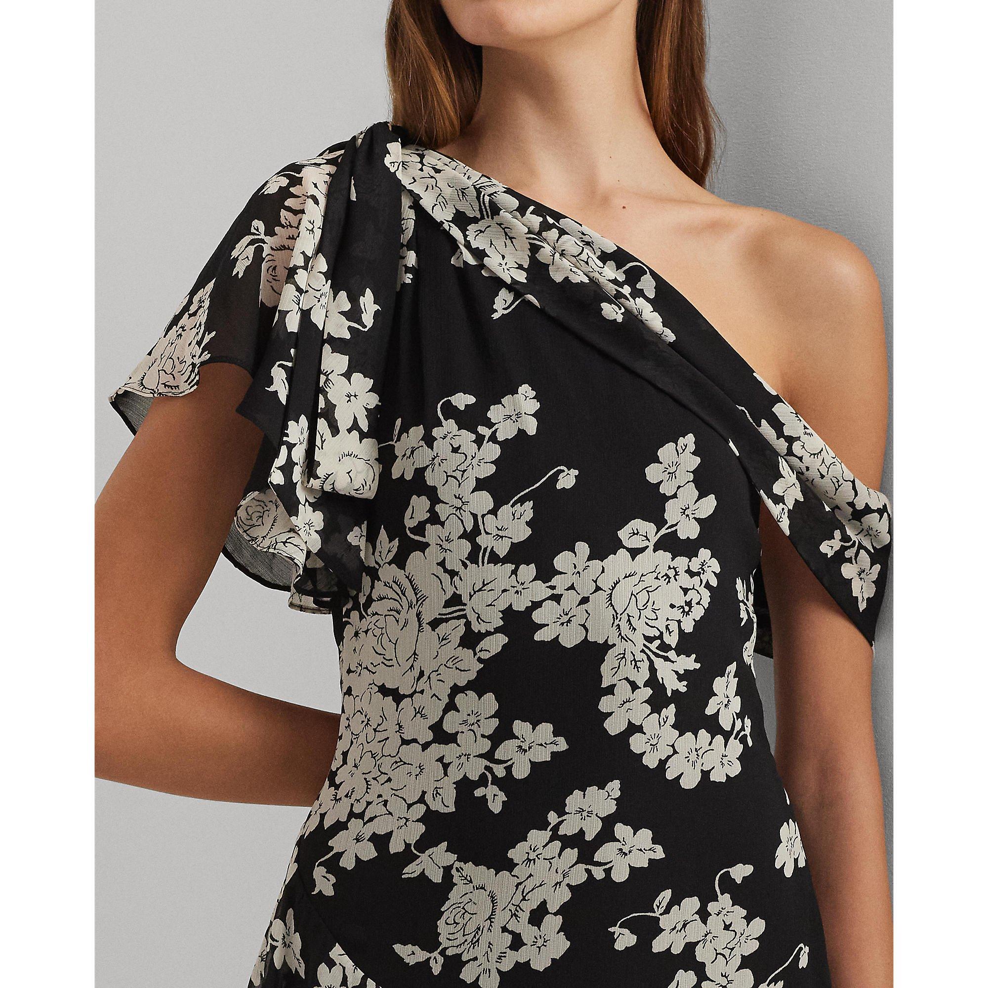 Black/Cream - Lauren by Ralph Lauren - Floral Georgette One-Shoulder Gown - 5