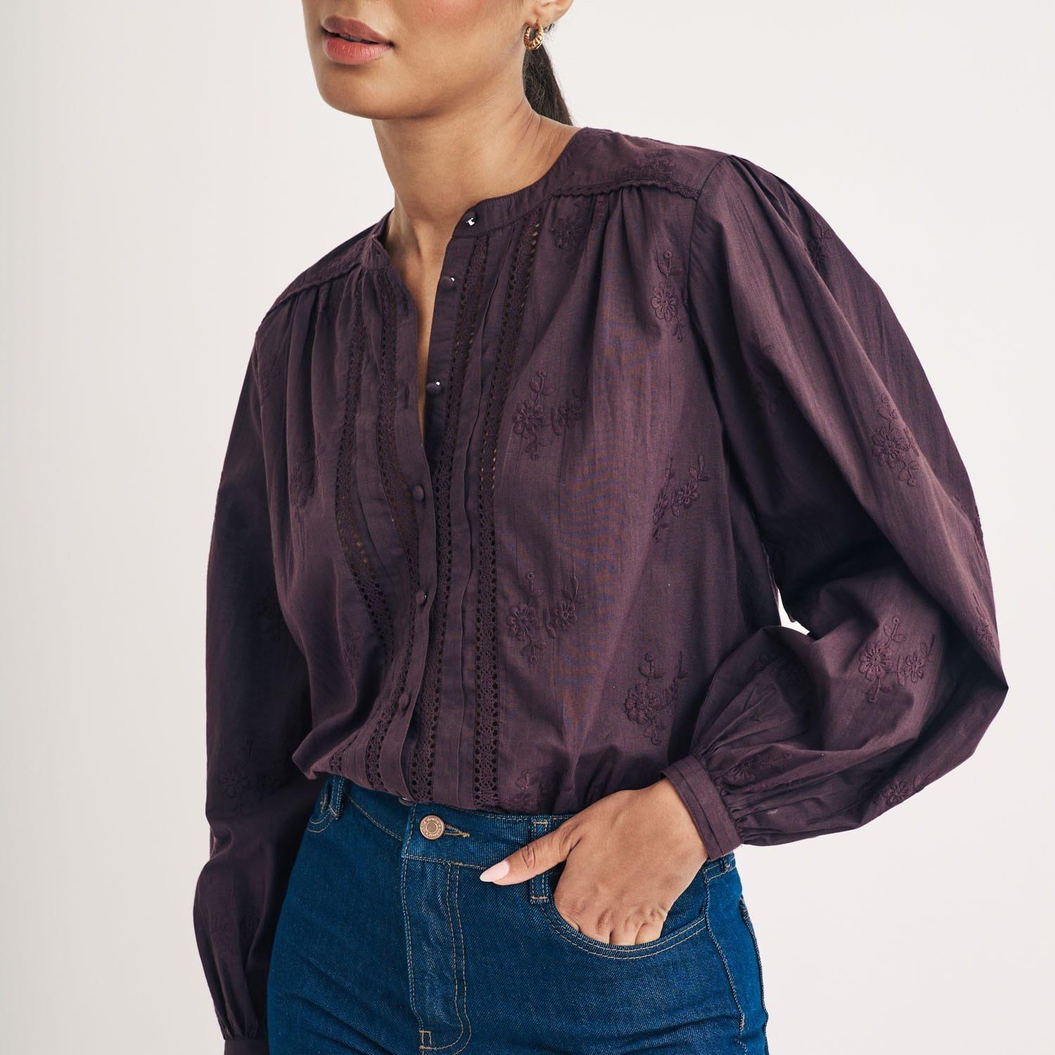 Brown - Nobodys Child - Fern Floral Embroidered Blouse - 4