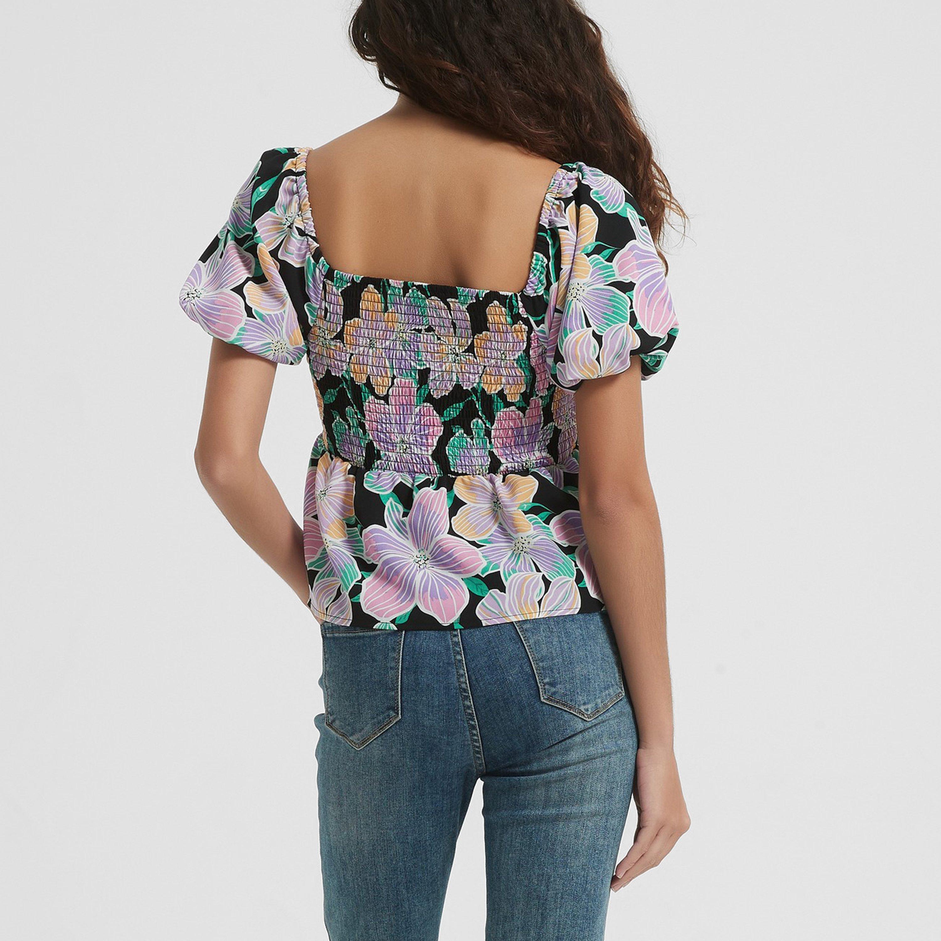 Crni cvjetni uzorak - Be You - Women's Puff Sleeve Peplum Blouse - 2