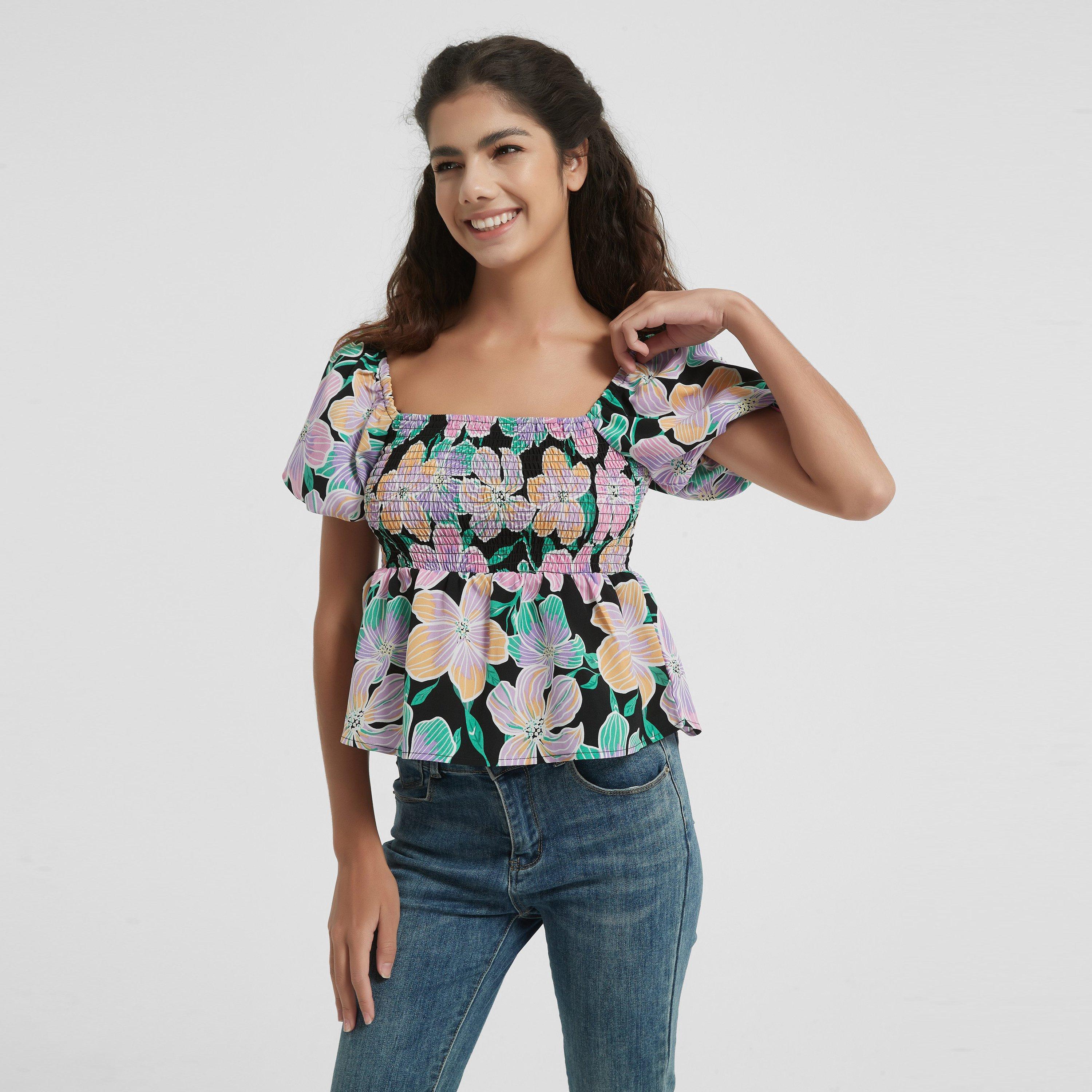 Crni cvjetni uzorak - Be You - Women's Puff Sleeve Peplum Blouse - 3