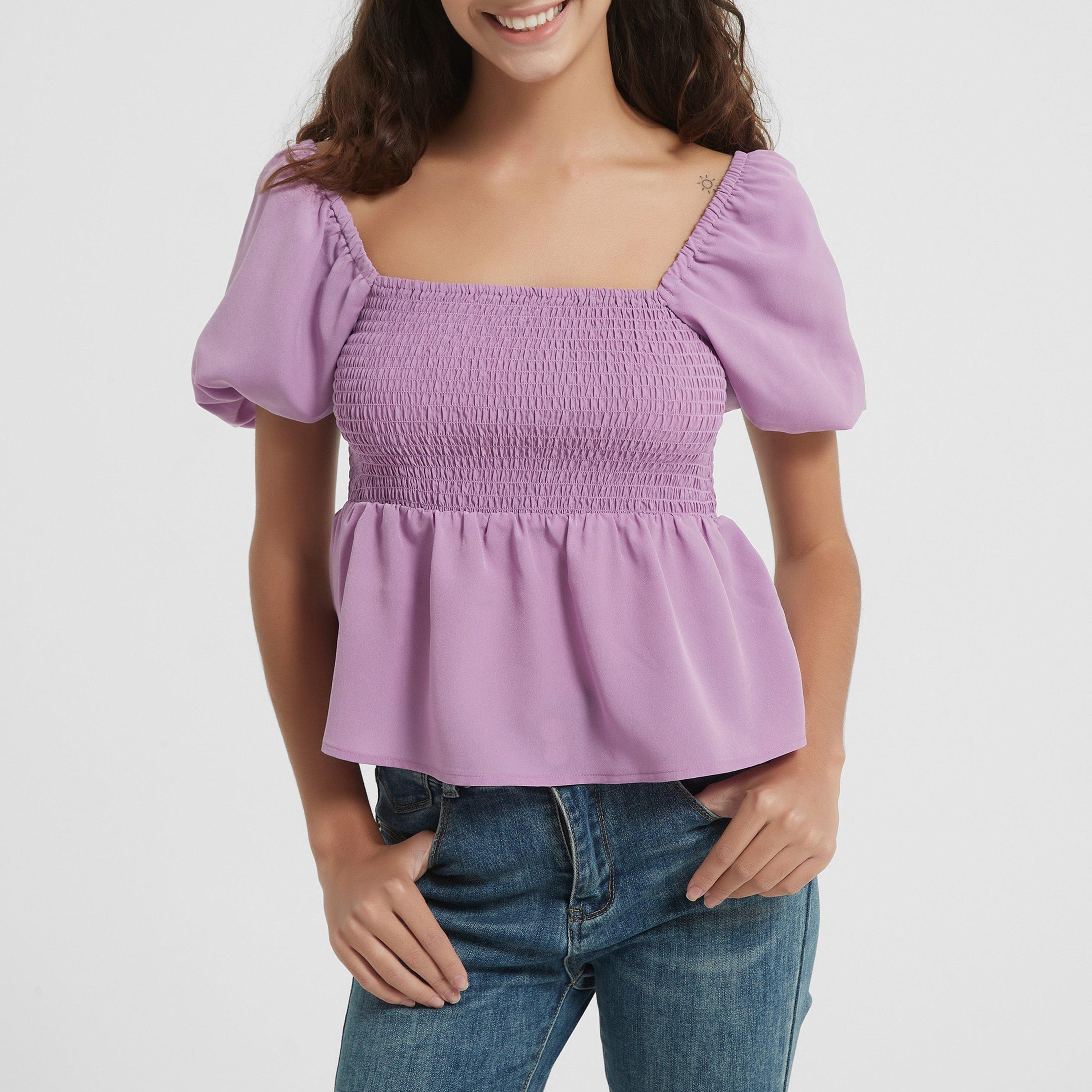 Lilac - Be You - Women's Puff Sleeve Peplum Blouse - 1
