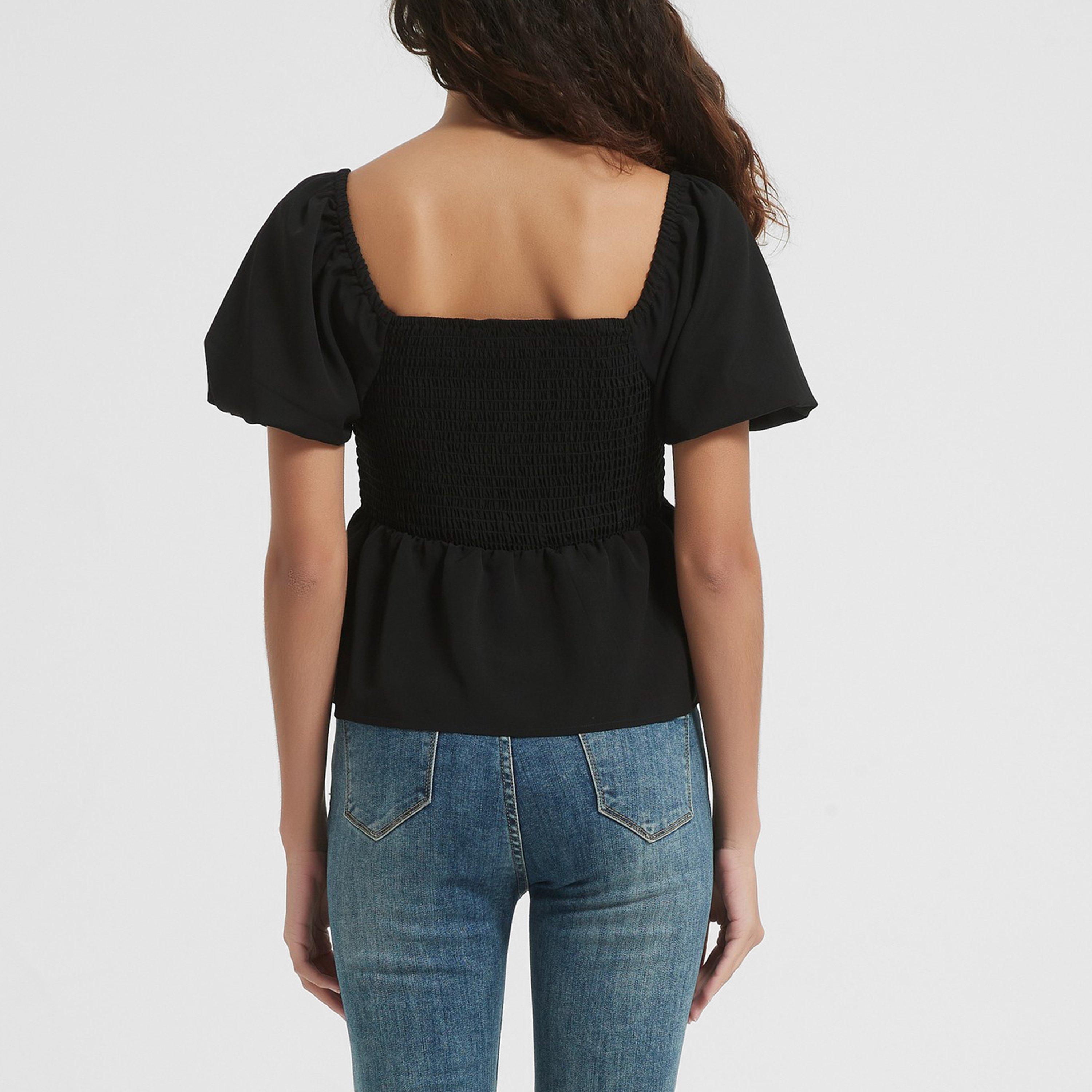 Black - Be You - Women's Puff Sleeve Peplum Blouse - 2
