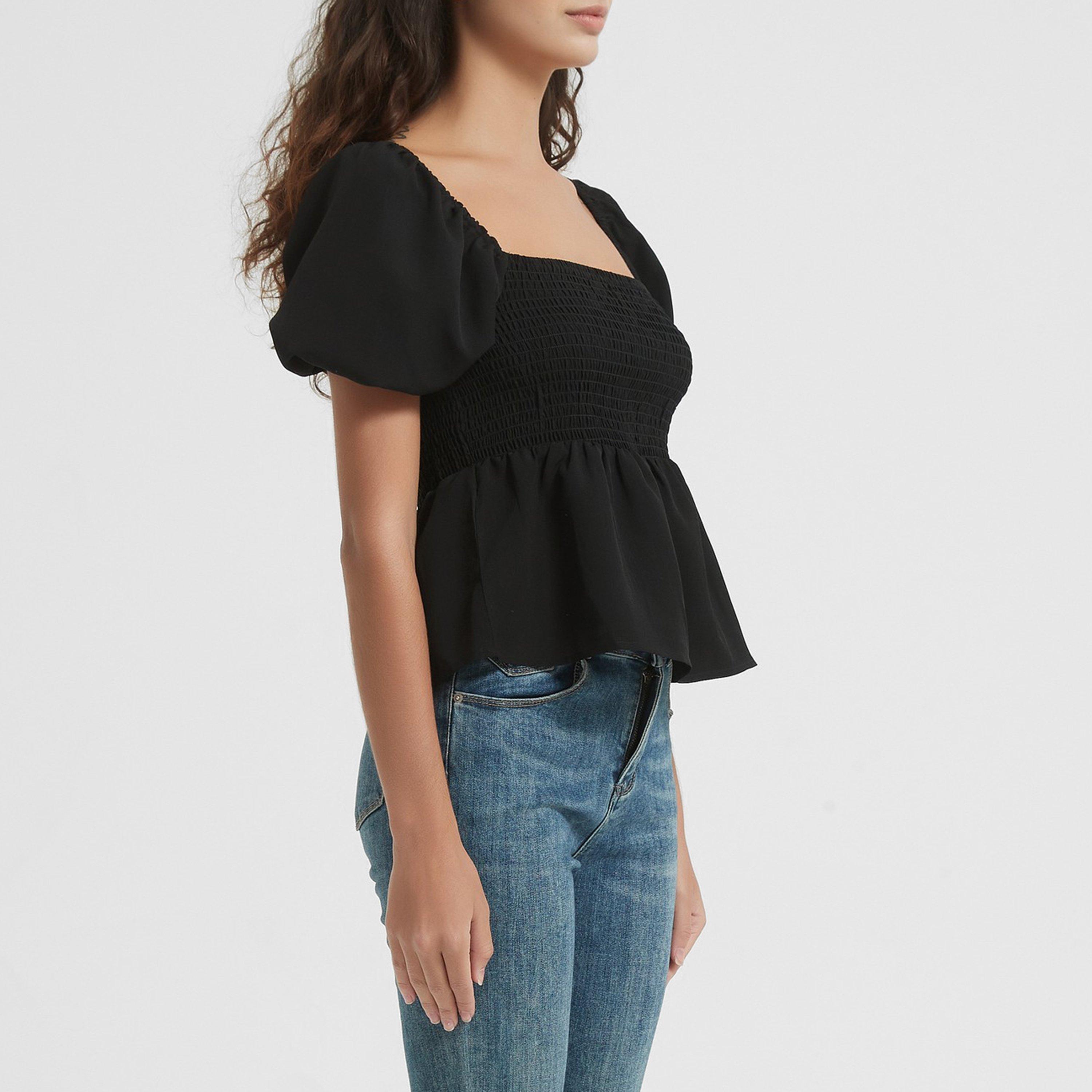Black - Be You - Women's Puff Sleeve Peplum Blouse - 3