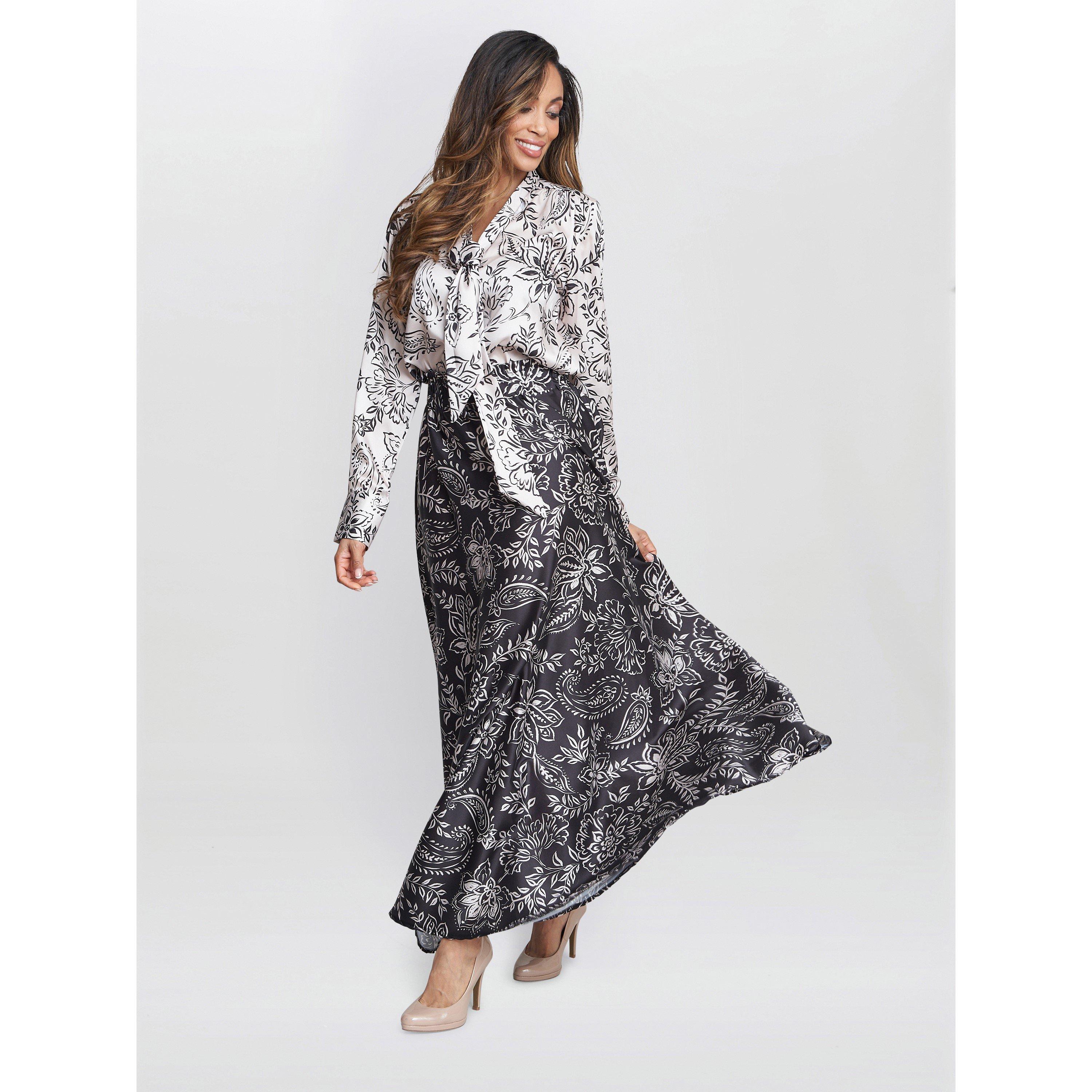 Black / White - Gina Bacconi - Dakota Satin Elastic Waist Skirt - 3