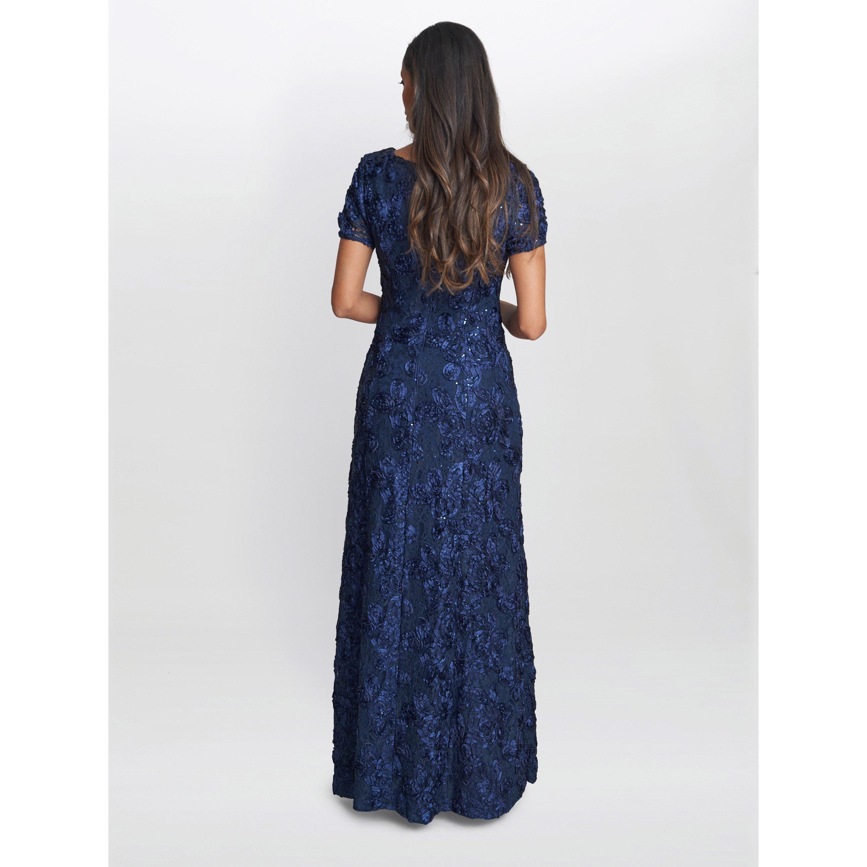 Navy - Gina Bacconi - Nancy Gown With Rosette Sequin Detail - 2
