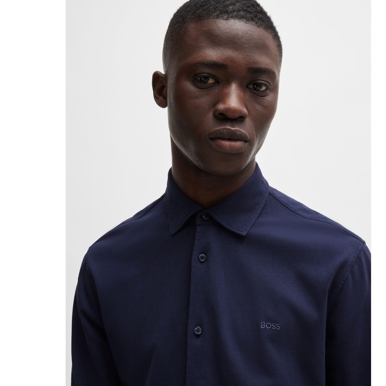 Navy - Boss - Embroidered Branding Slim-Fit Shirt - 4