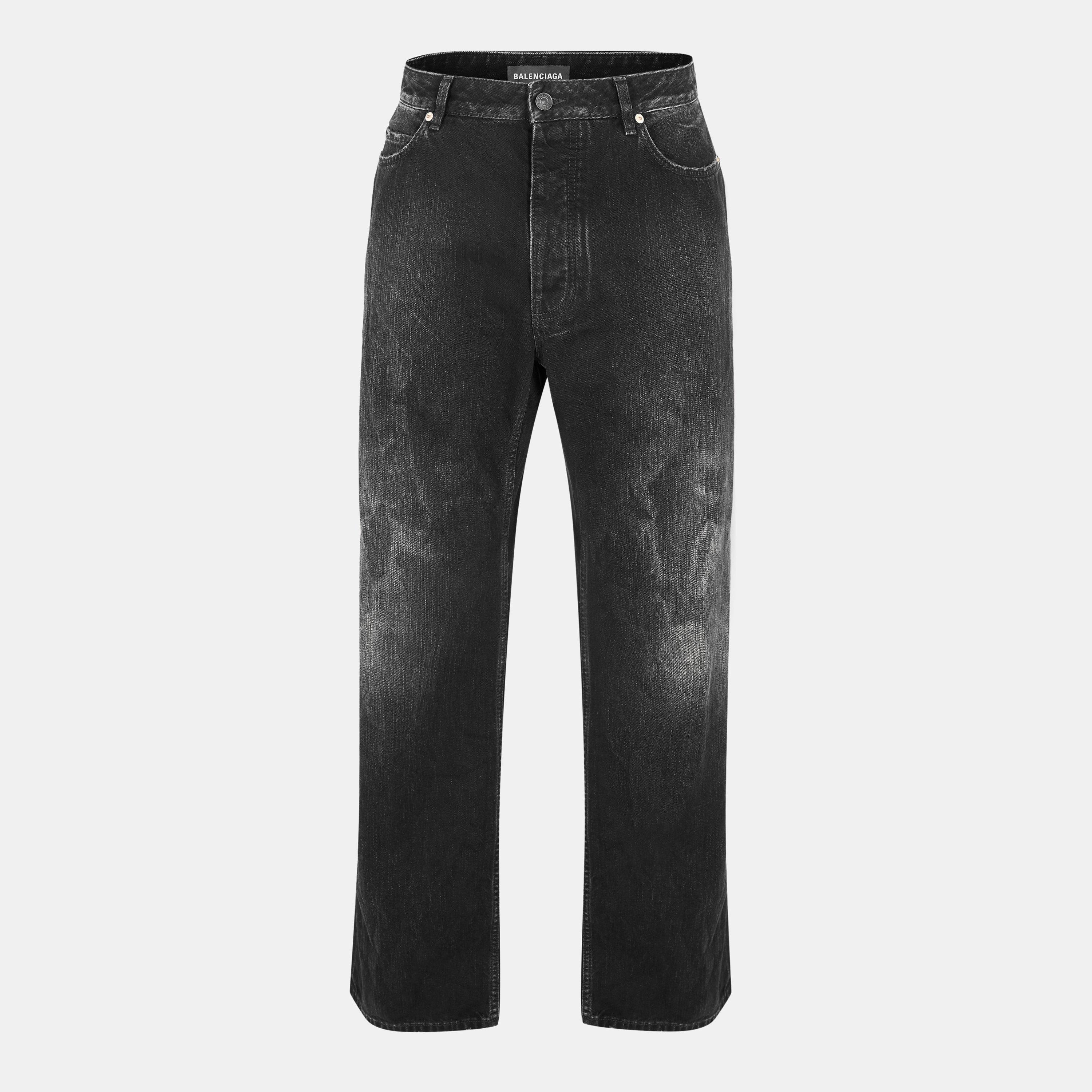 Balenciaga Men's Bal Distress Distressed Relaxed Fit Wide Leg Jeans - Black Fade Out - L