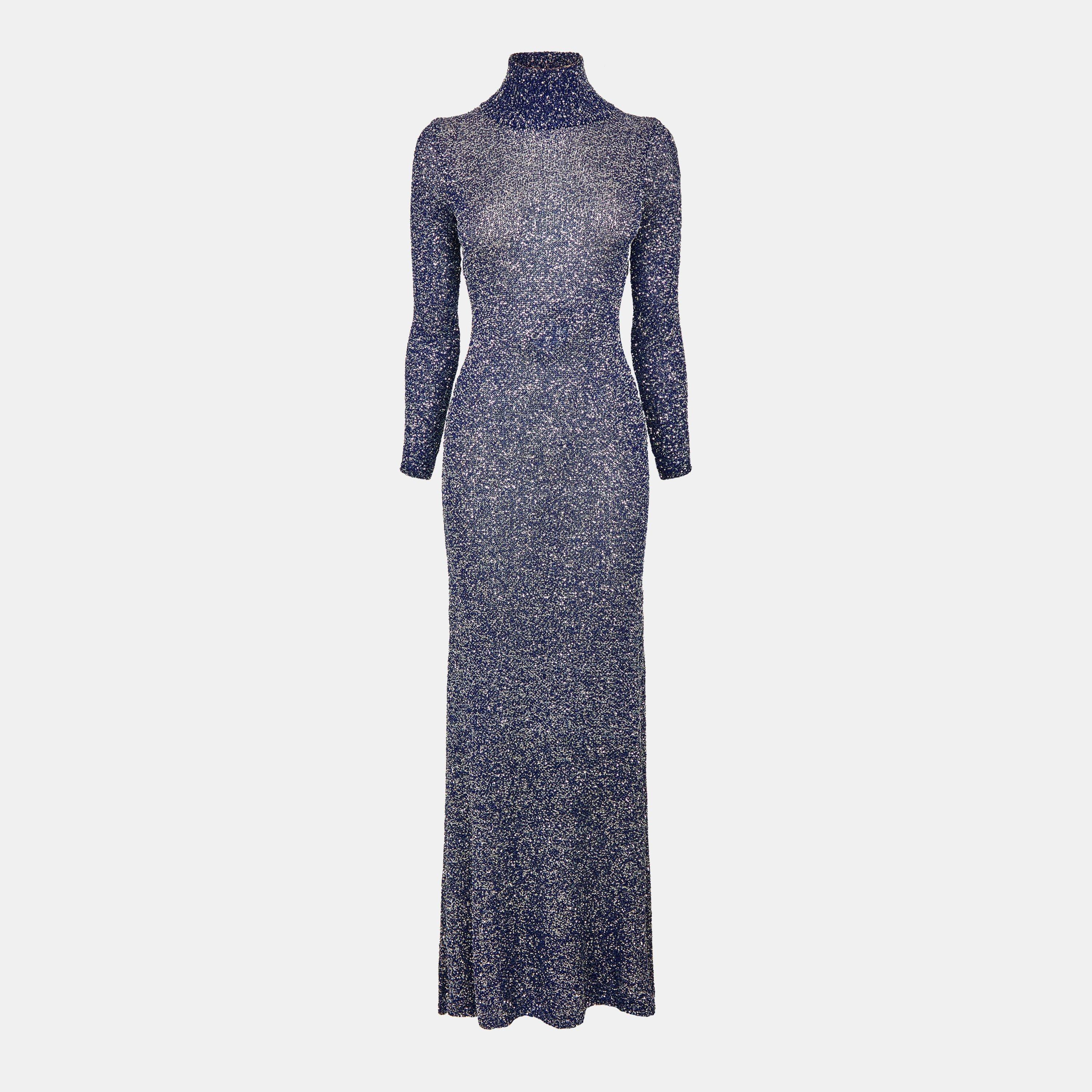 Navy/Silver - Balenciaga - Womens Sequin Knit Maxi Dress - 1