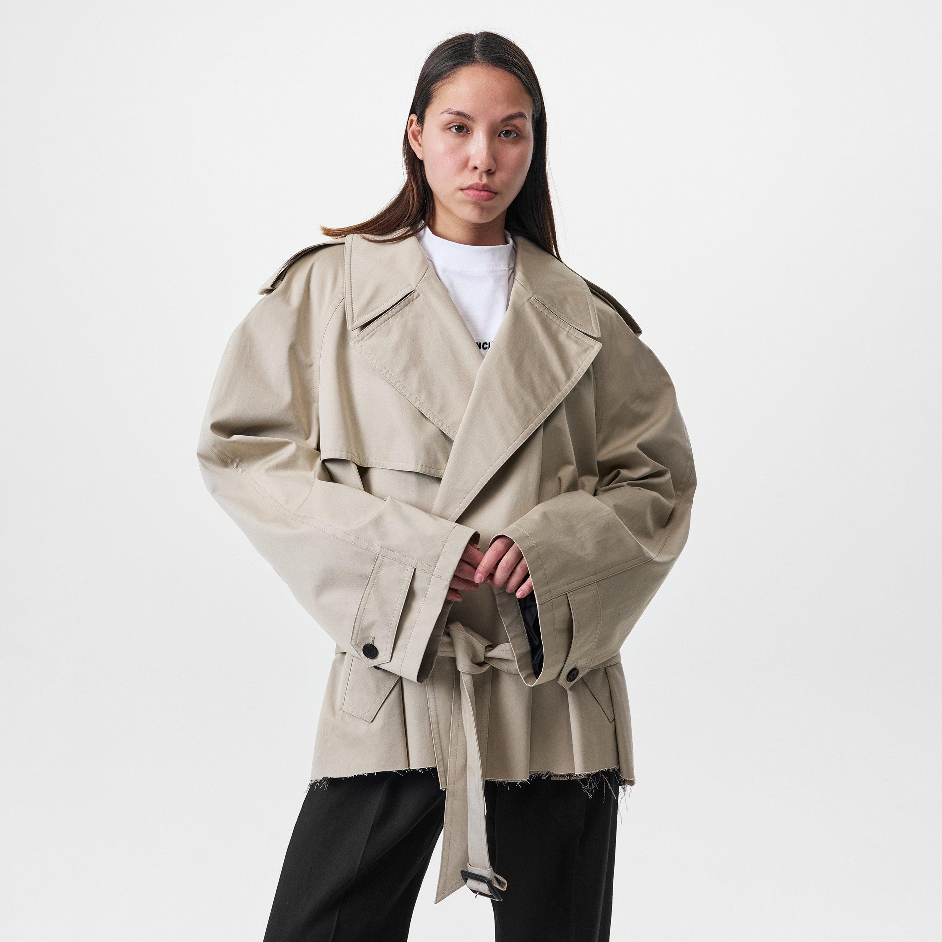 Beige - Balenciaga - Women's Short Cotton Long Sleeve Trench Coat - 3