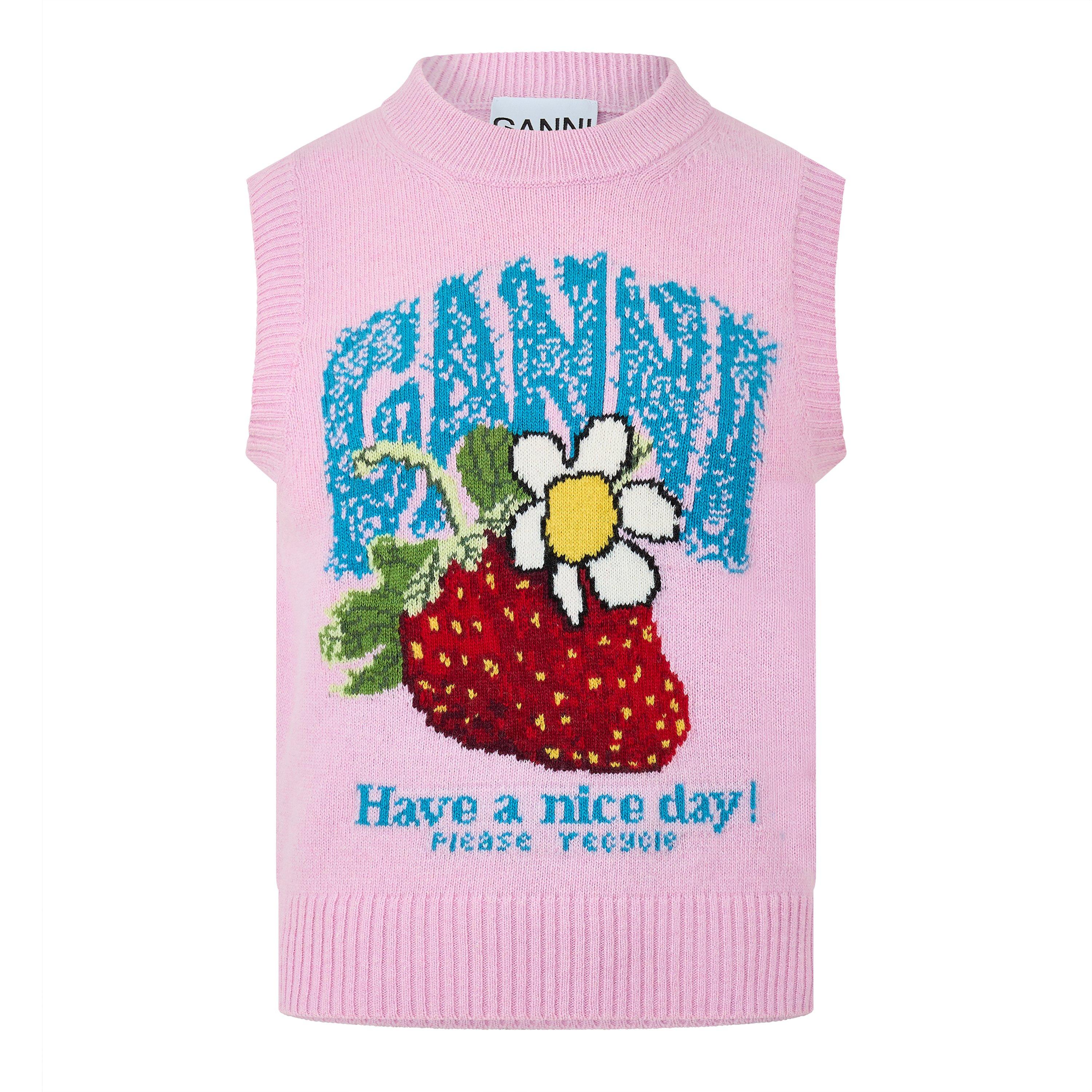 Pink - Ganni - Women's Graphic Wool Knitted Sweater Vest - 1