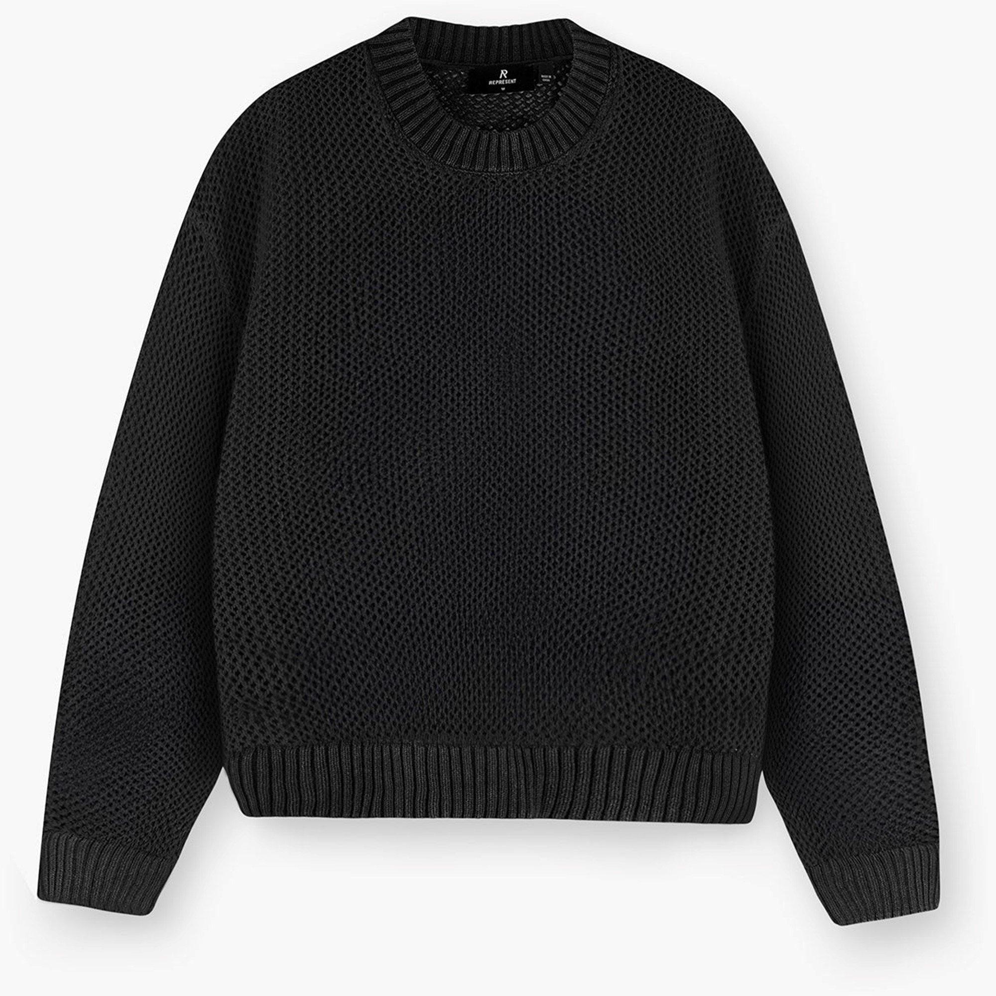 Represent Men's Open Gauge Knitted Lightweight Crew Neck Jumper - Jet Black - M