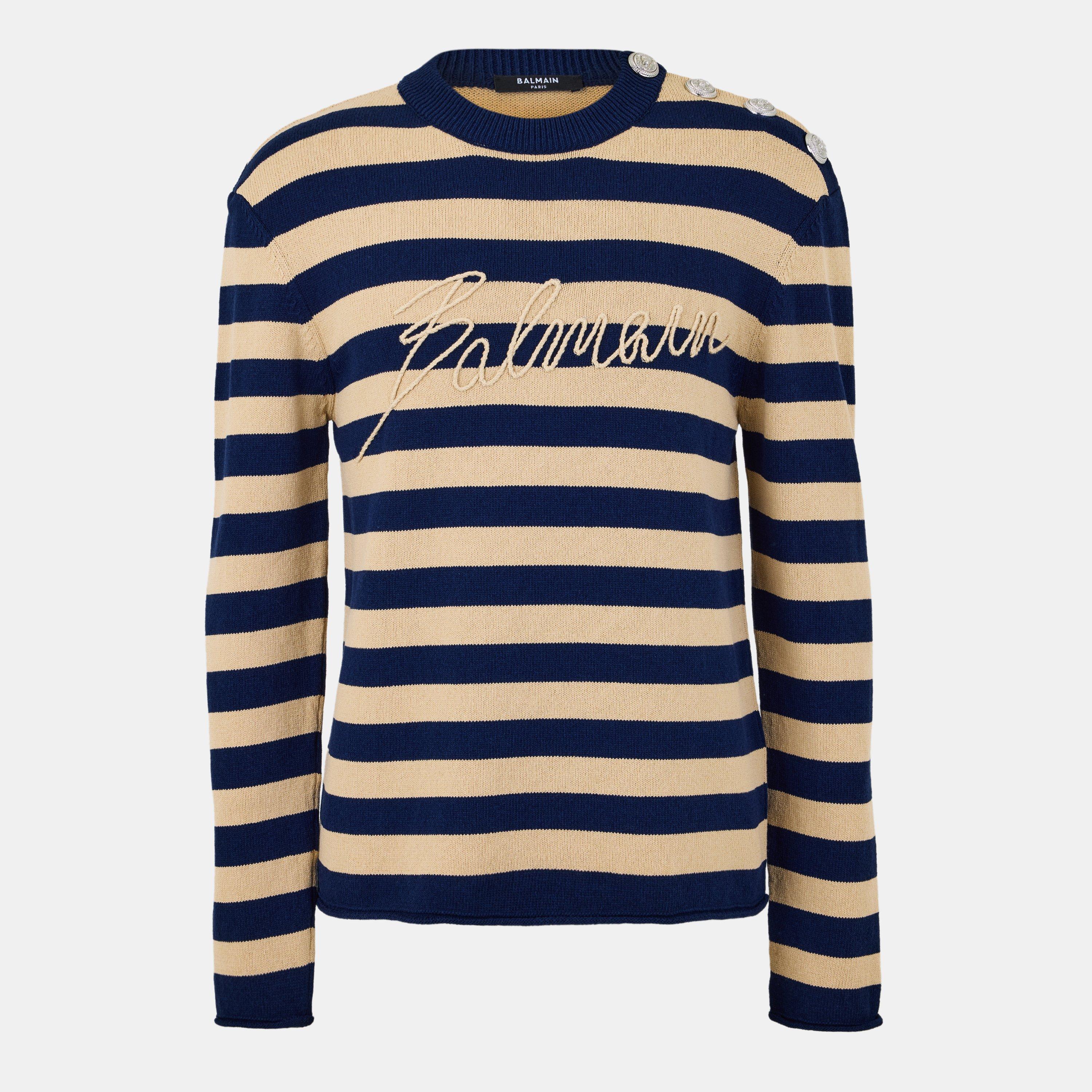 Marine/Camel - Balmain - Men's Stripe Knit Crew Neck Jumper - 1