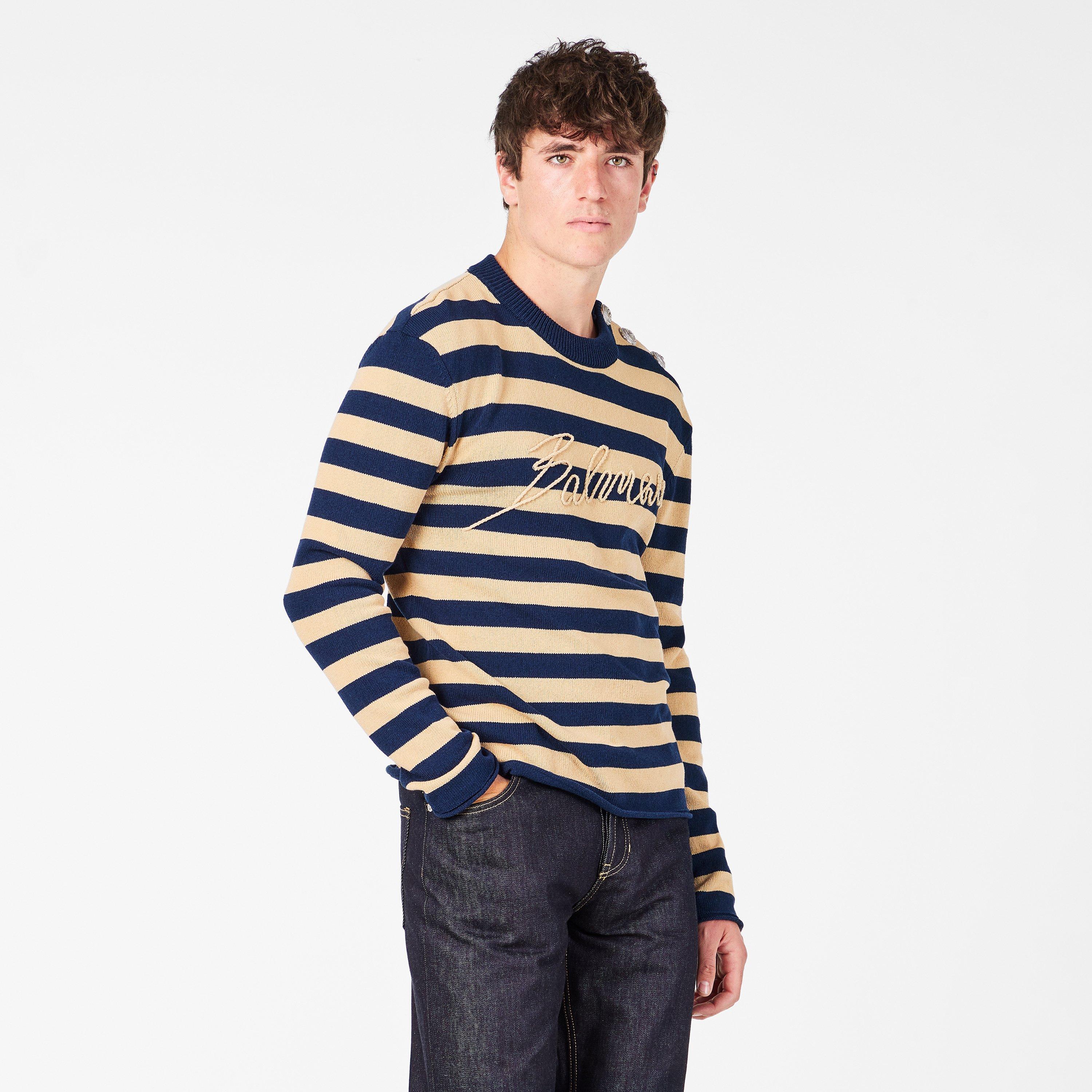 Marine/Camel - Balmain - Men's Stripe Crew Neck Jumper - 3