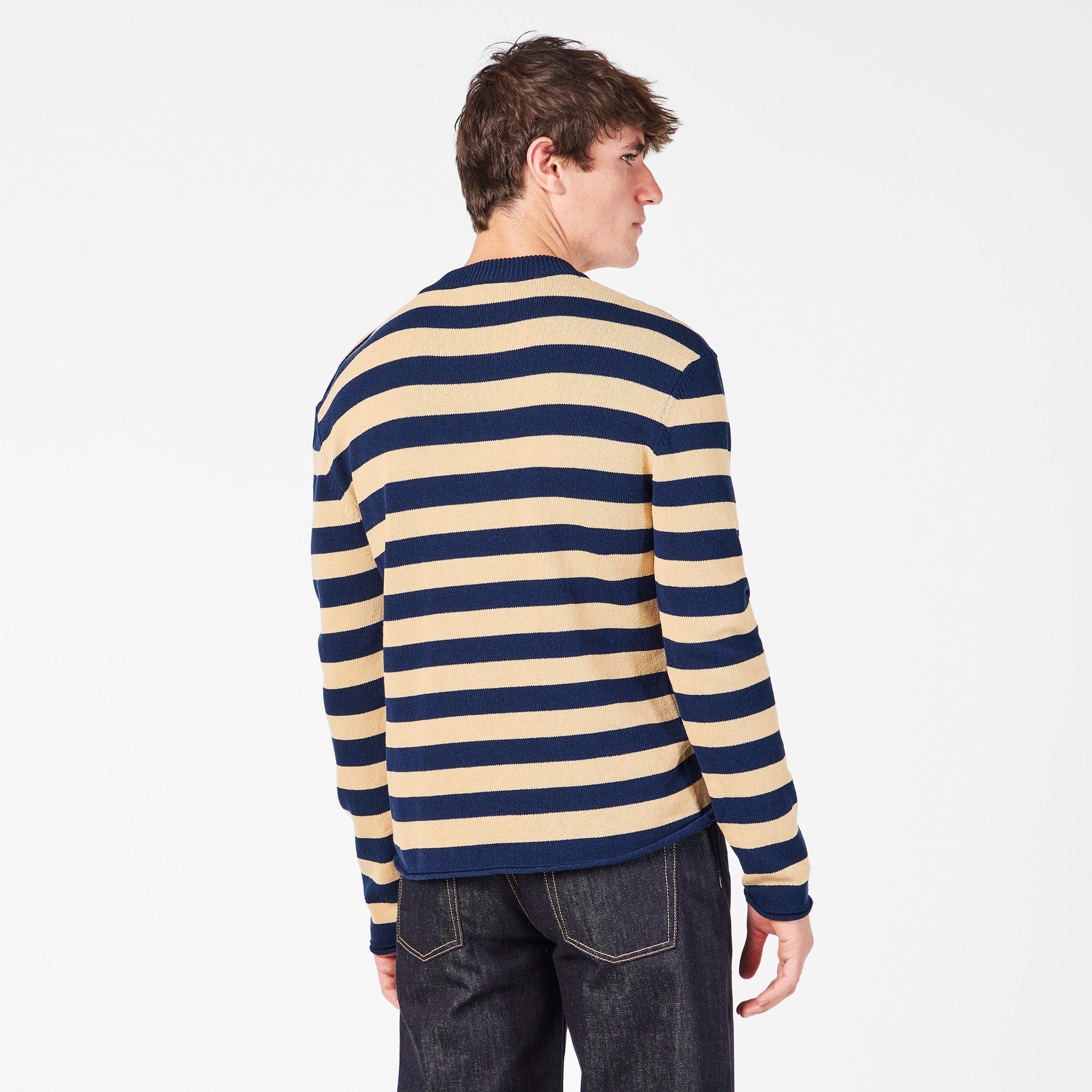 Marine/Camel - Balmain - Men's Stripe Crew Neck Jumper - 4