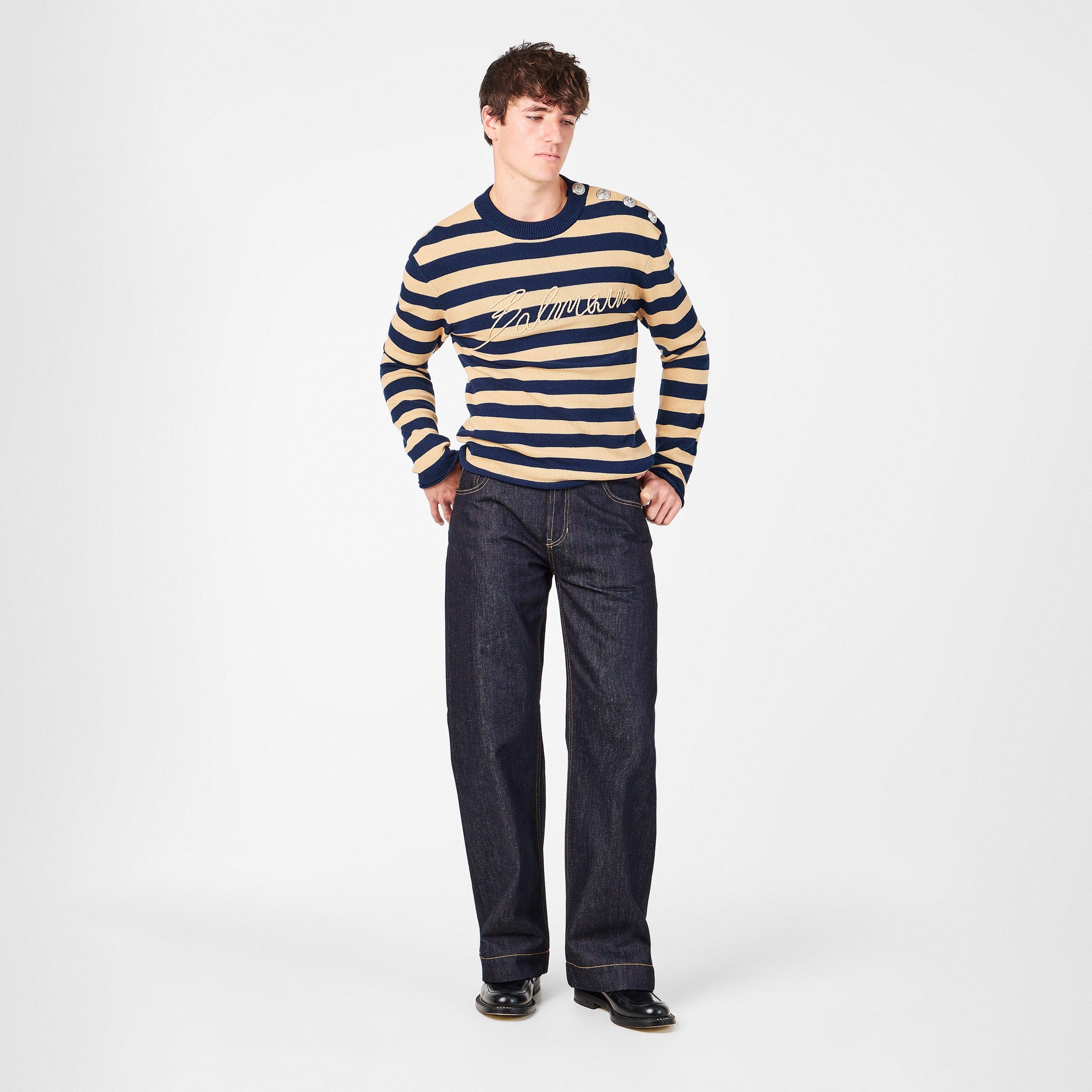 Marine/Camel - Balmain - Men's Stripe Crew Neck Jumper - 6
