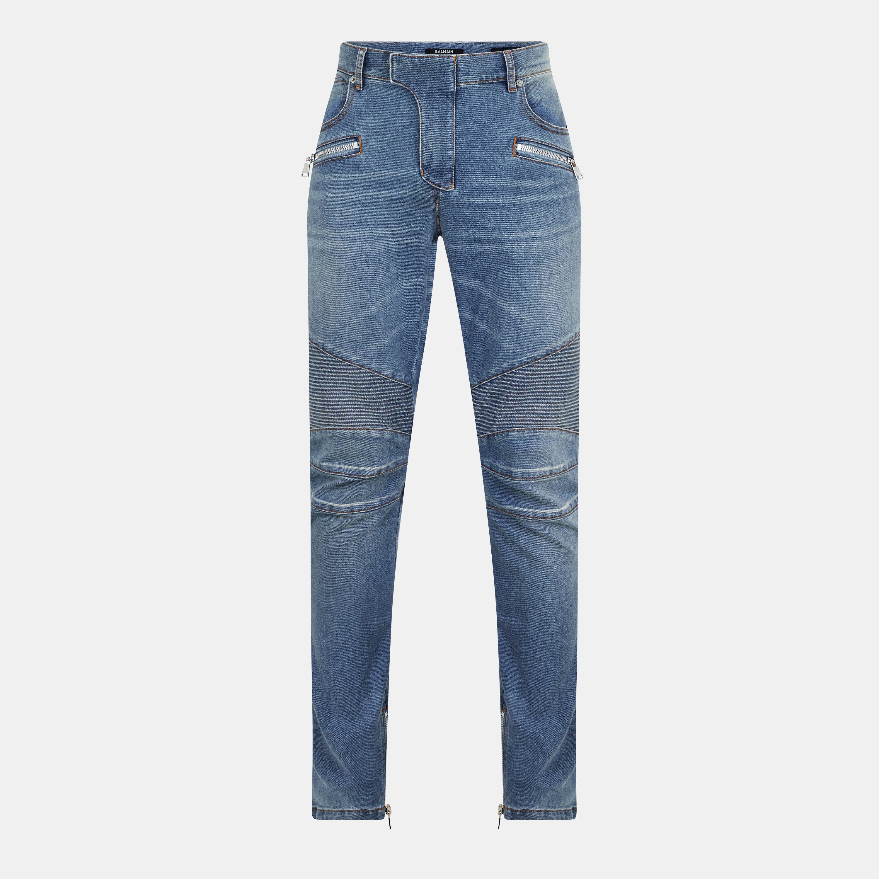 Blue - Balmain - Men's Biker Ribbed Straight Leg Jeans - 1
