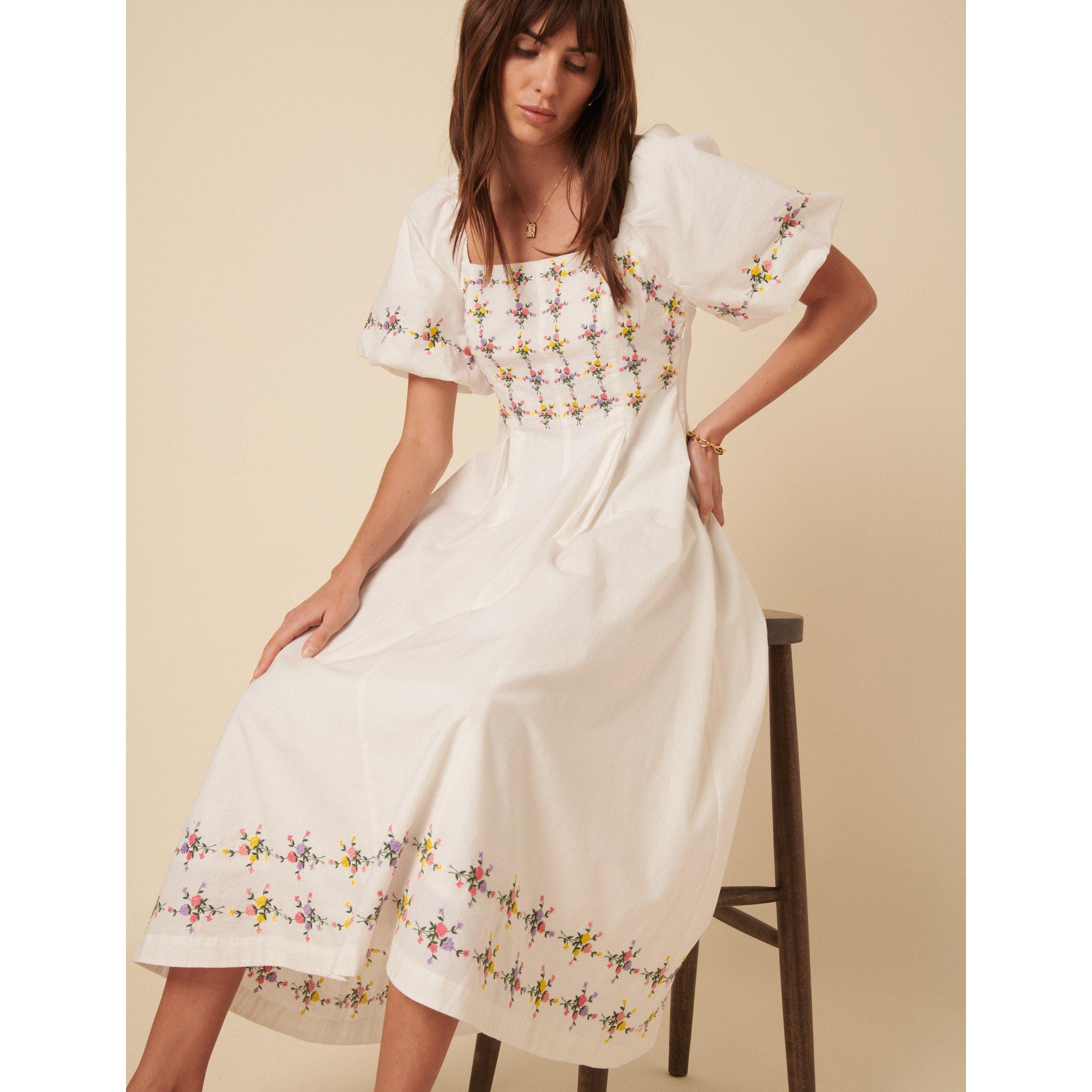 Cream - Nobodys Child - Women's Linen Blend Floral Puff Sleeve Midi Corset Dress - 1