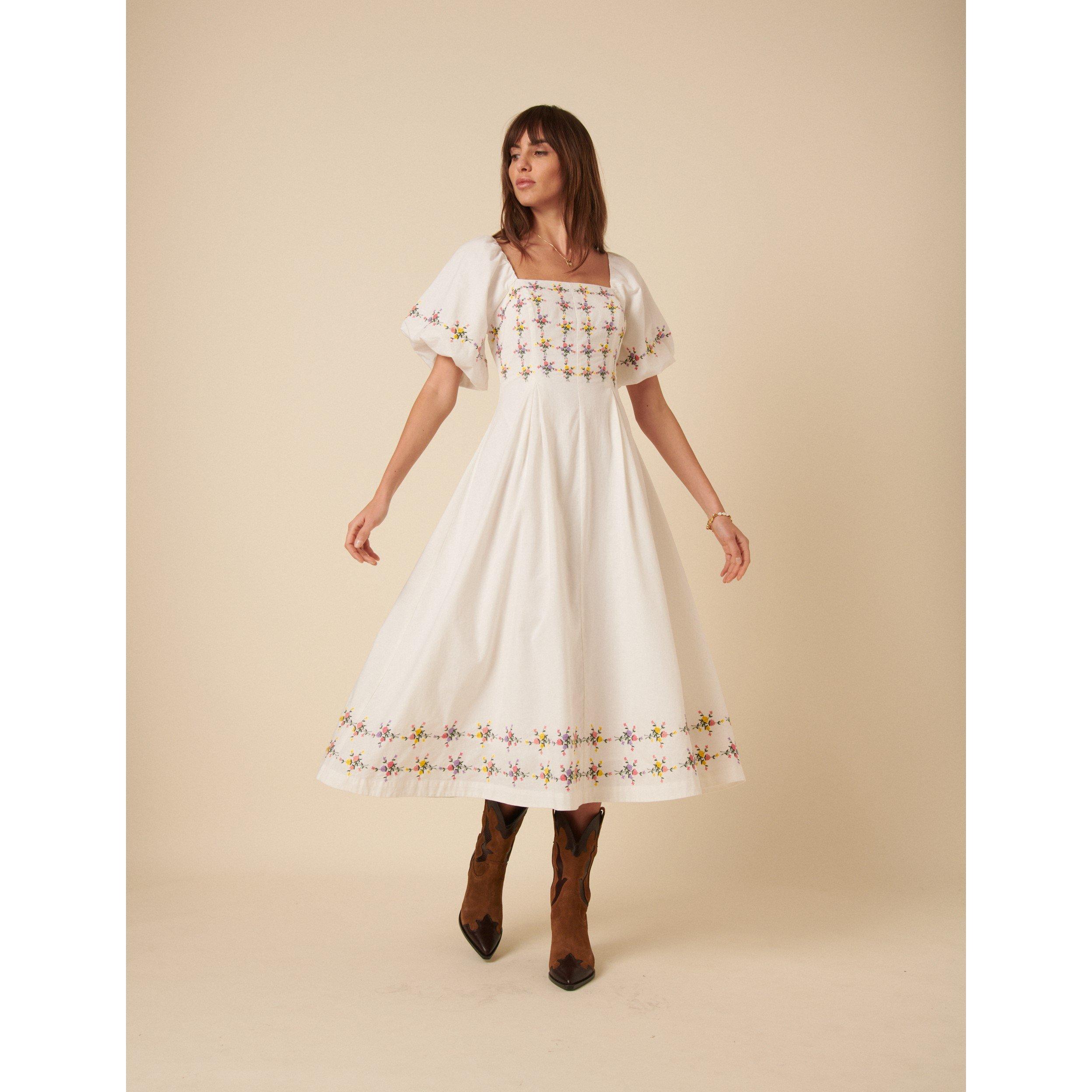 Cream - Nobodys Child - Women's Linen Blend Floral Puff Sleeve Demi Midi Corset Dress - 2