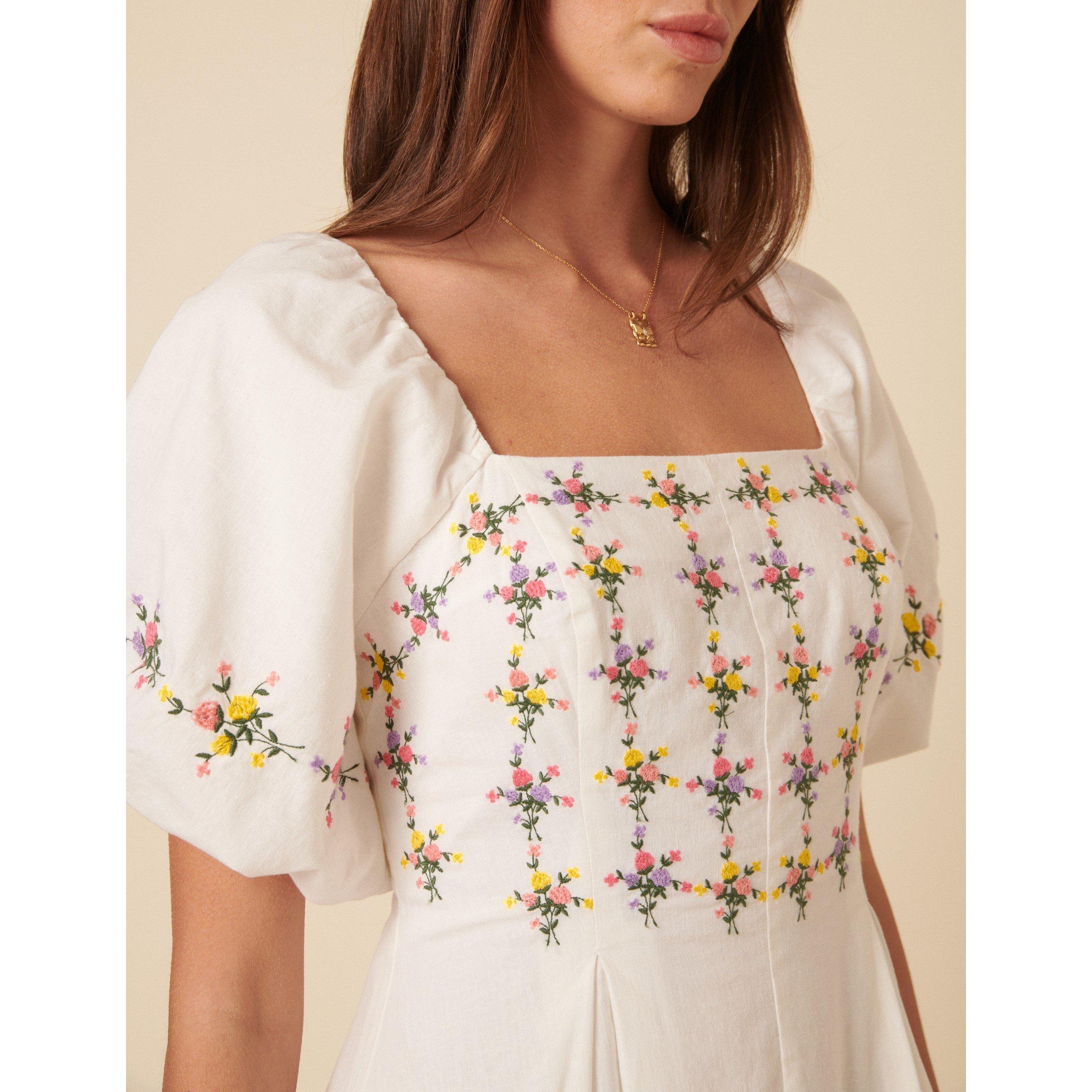 Cream - Nobodys Child - Women's Linen Blend Floral Puff Sleeve Demi Midi Corset Dress - 3