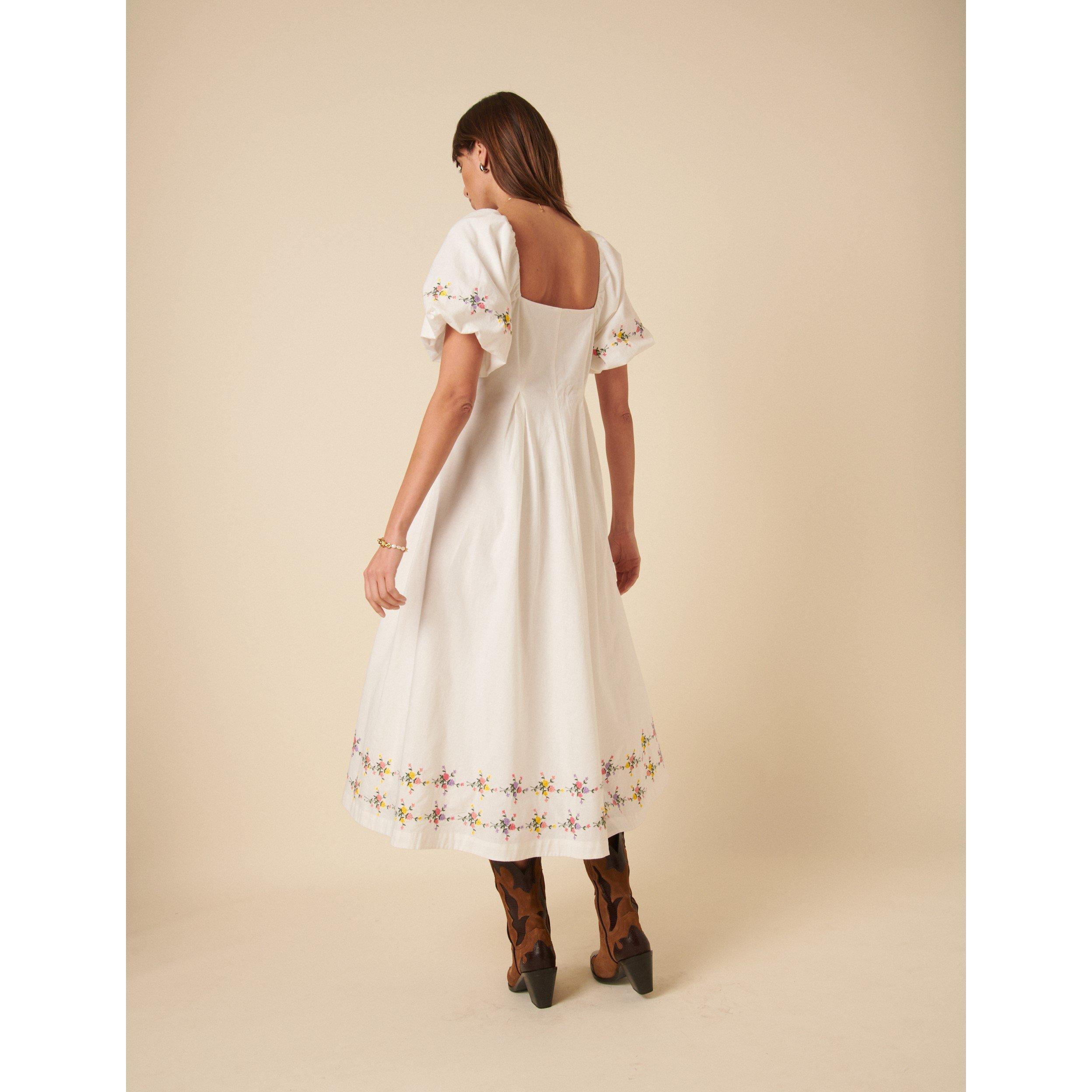 Cream - Nobodys Child - Women's Linen Blend Floral Puff Sleeve Demi Midi Corset Dress - 4