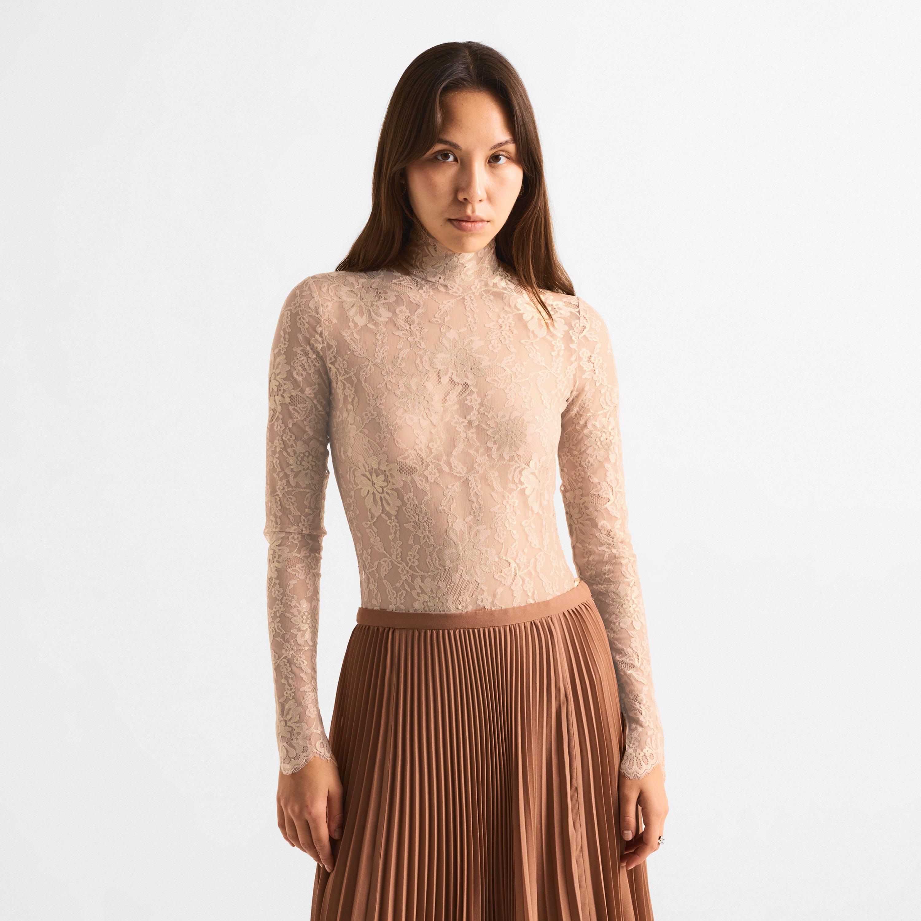 Nudo/Oro - Valentino - Women's Jersey Floral Lace Long-Sleeve Bodysuit - 3