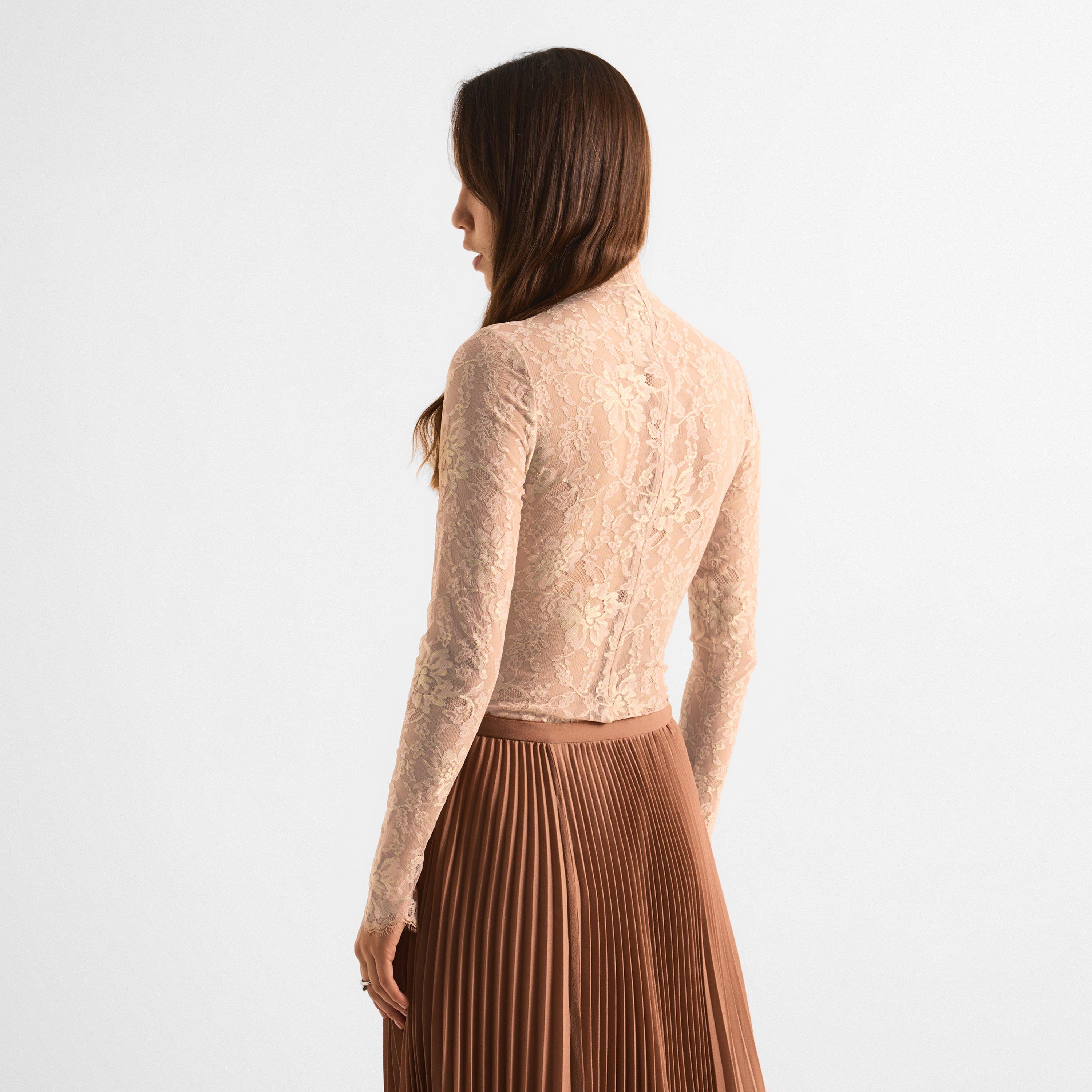 Nudo/Oro - Valentino - Women's Jersey Floral Lace Long-Sleeve Bodysuit - 4
