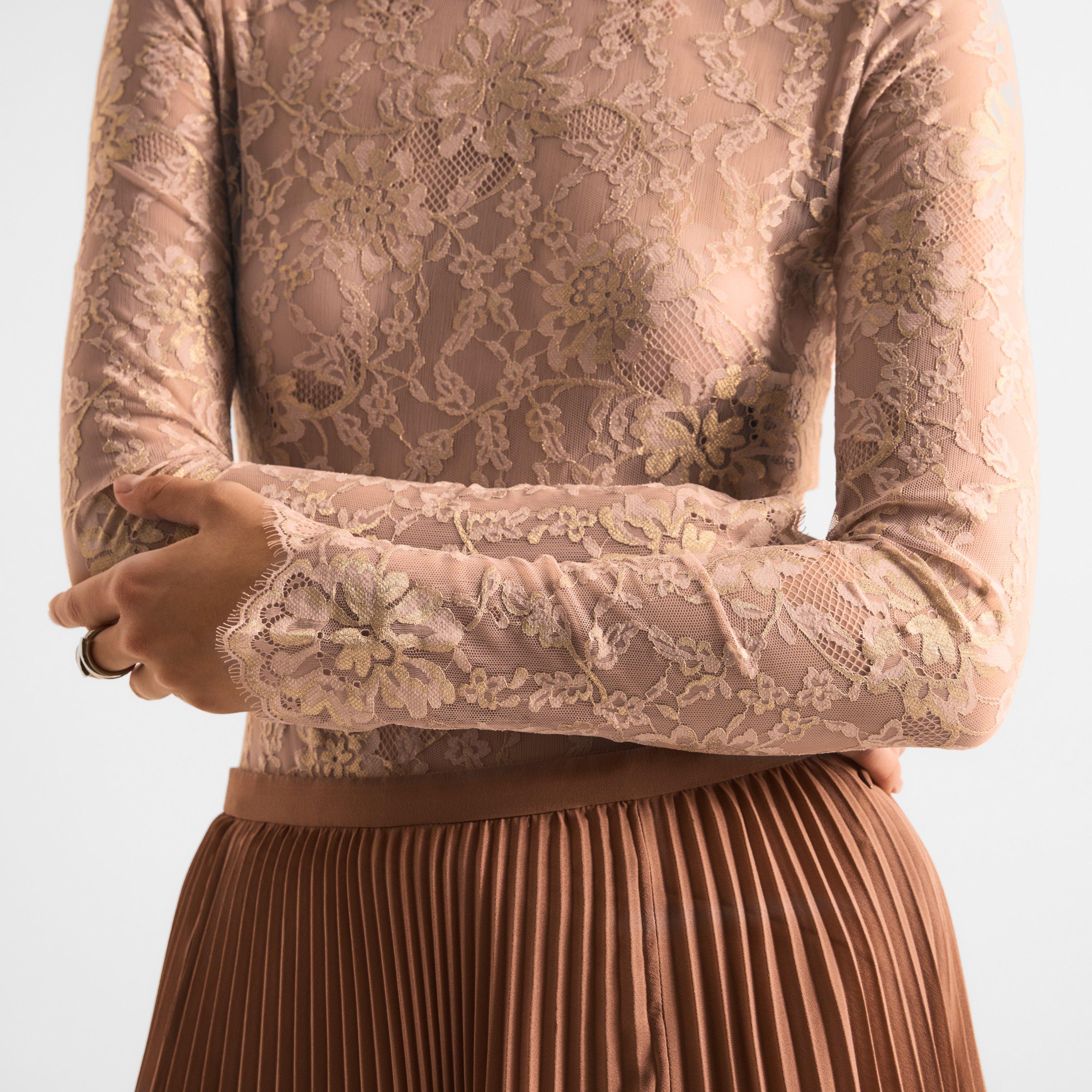 Nudo/Oro - Valentino - Women's Jersey Floral Lace Long-Sleeve Bodysuit - 5