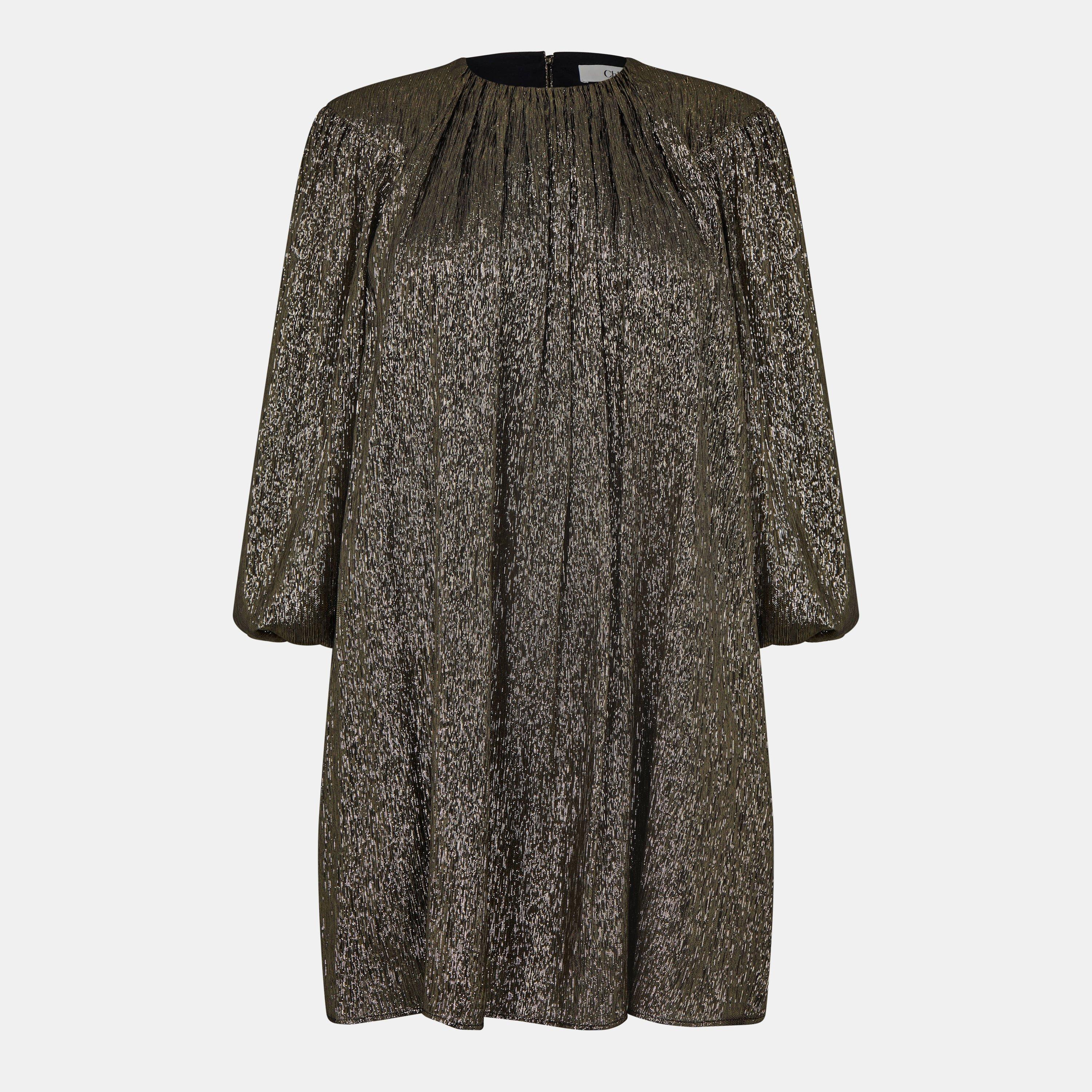 Black/Gold - Chloe - Balloon Sleeve Silk Blend Mini Dress - 1