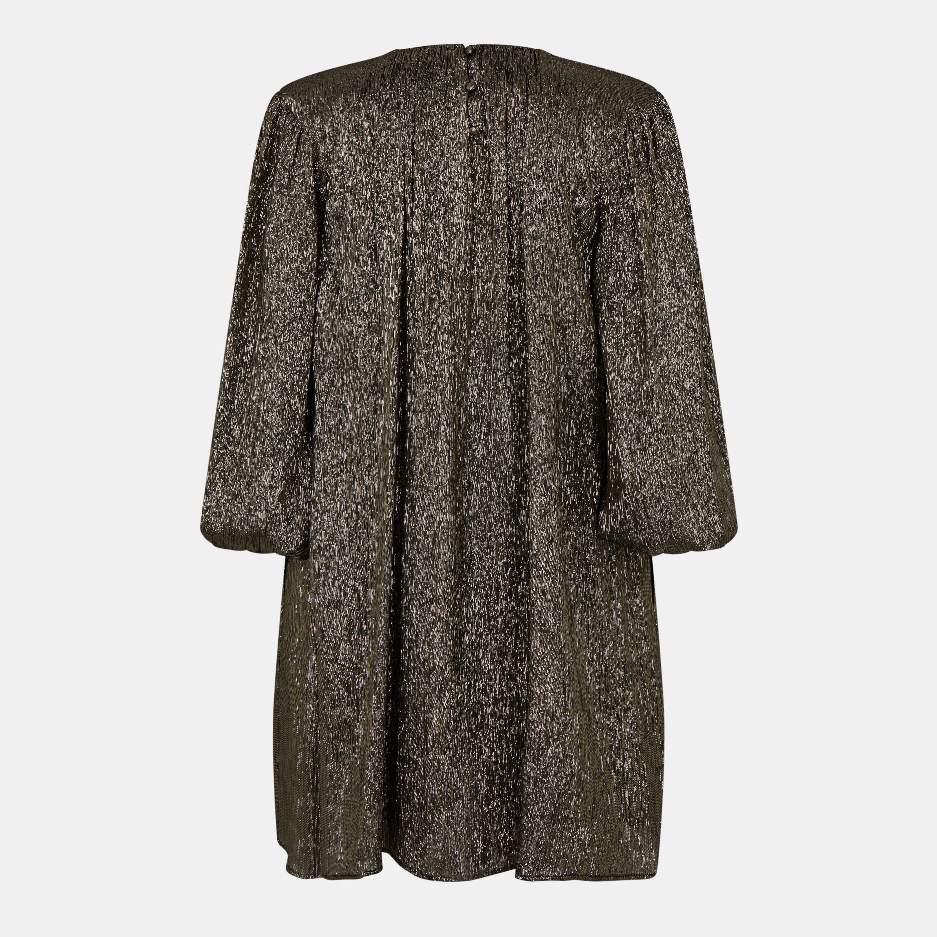 Black/Gold - Chloe - Balloon Sleeve Silk Blend Mini Dress - 2