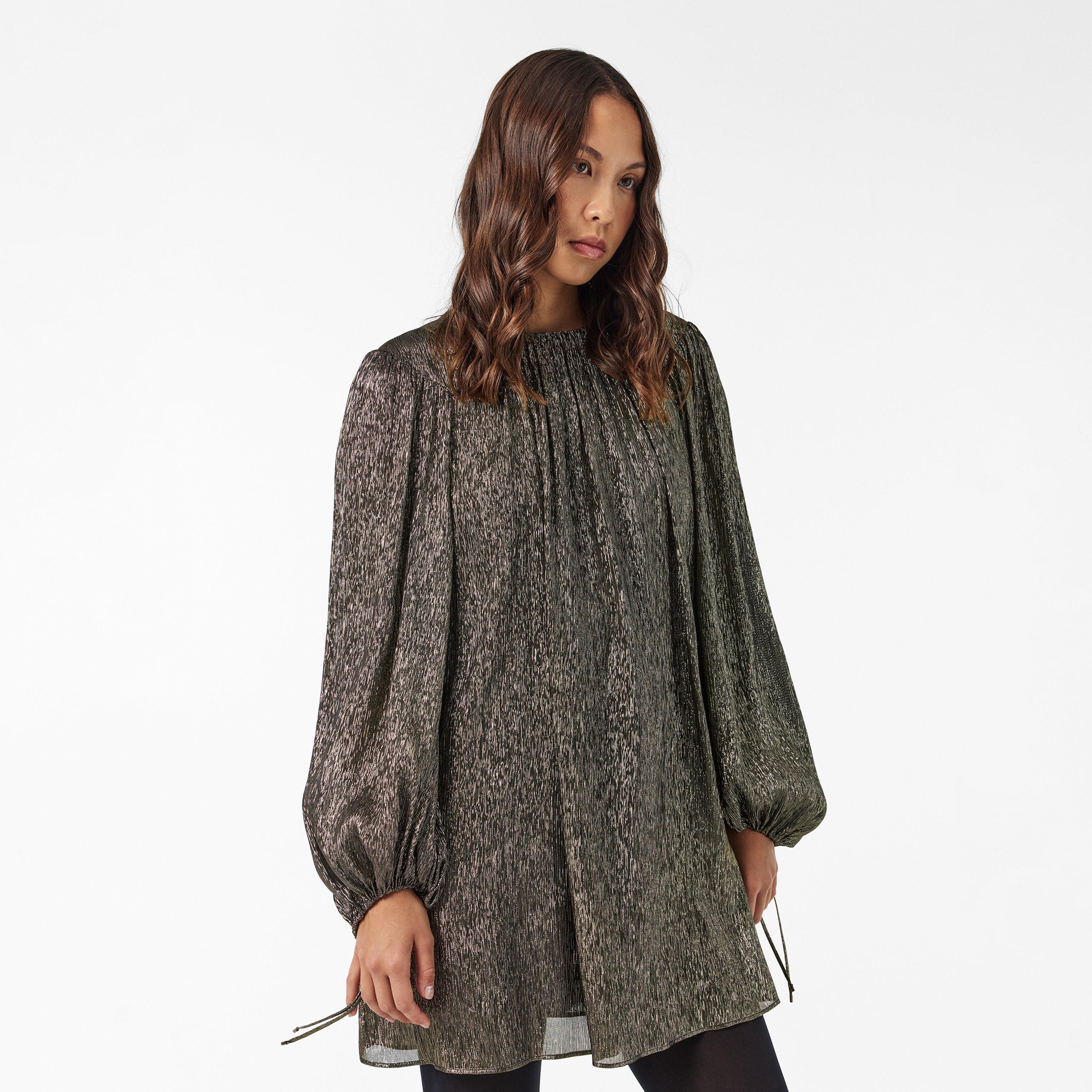 Black/Gold - Chloe - Balloon Sleeve Silk Blend Mini Dress - 3