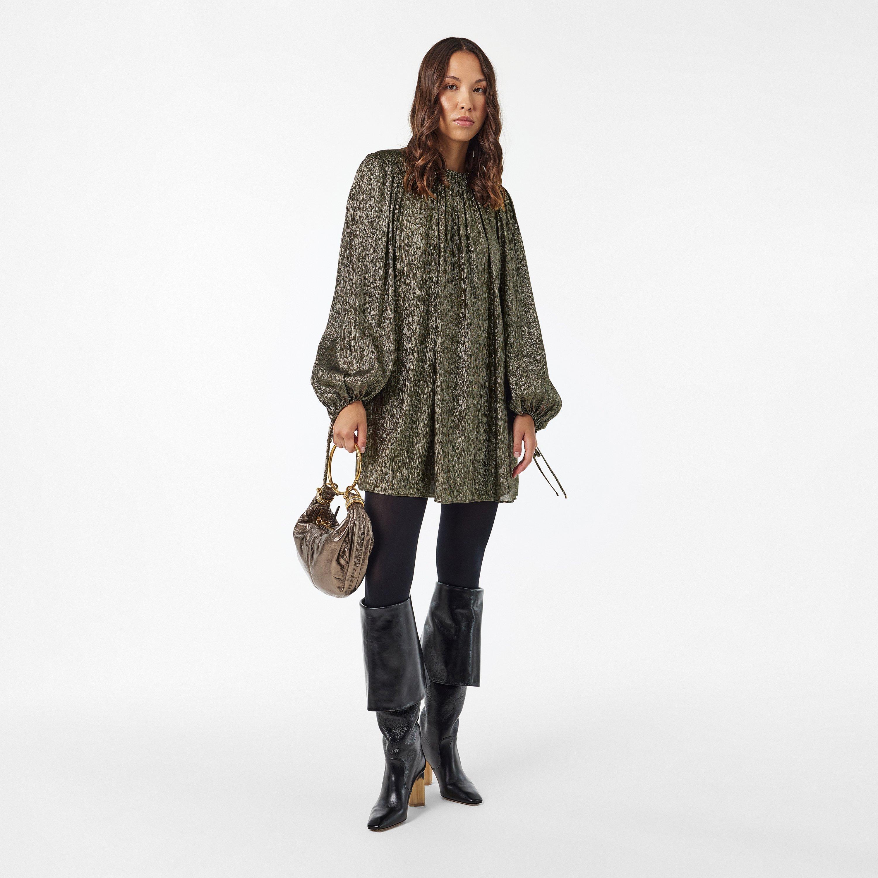 Black/Gold - Chloe - Balloon Sleeve Silk Blend Mini Dress - 6