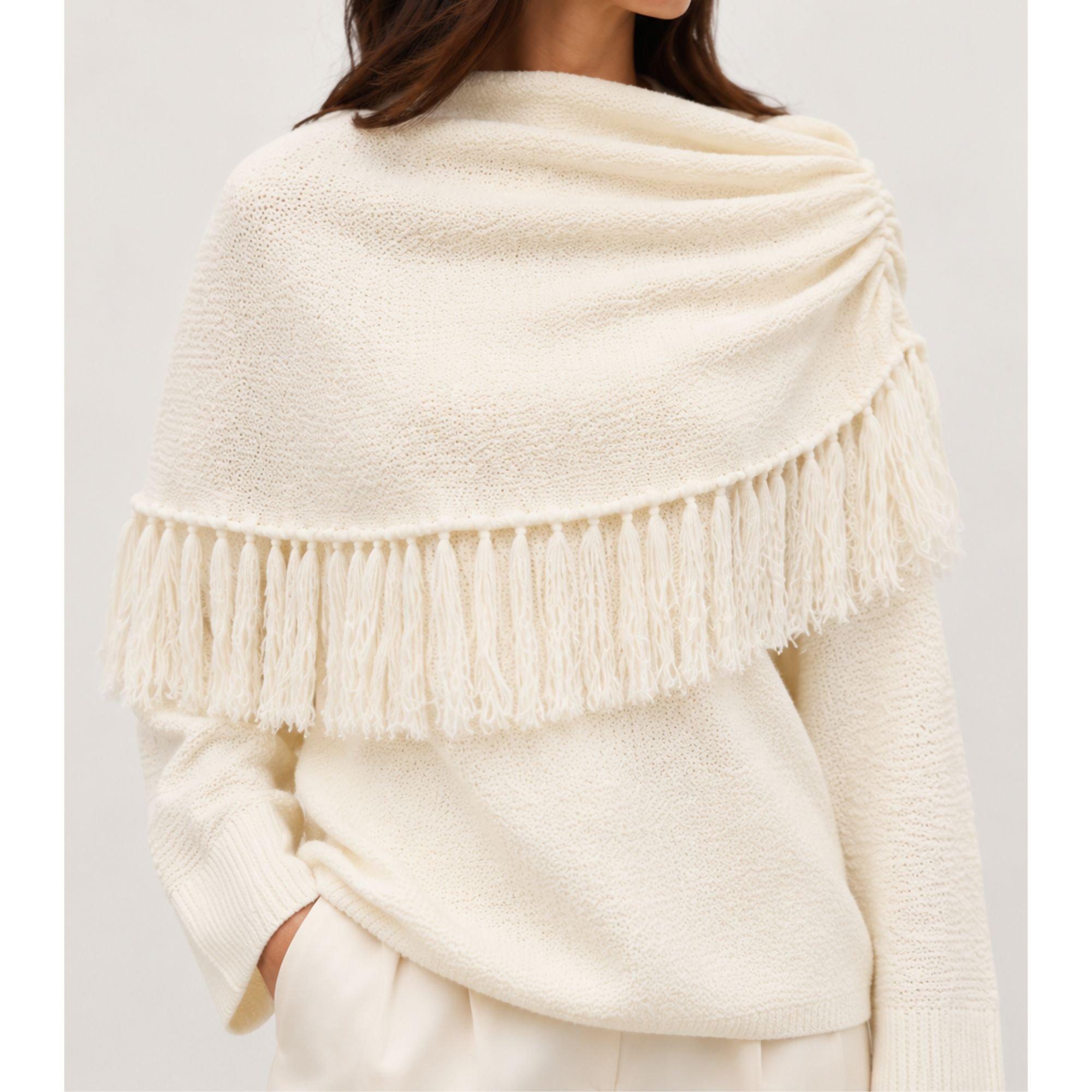 Cream - Pretty Lavish - Women's Thea Drape Detail Fringed Jumper - 5