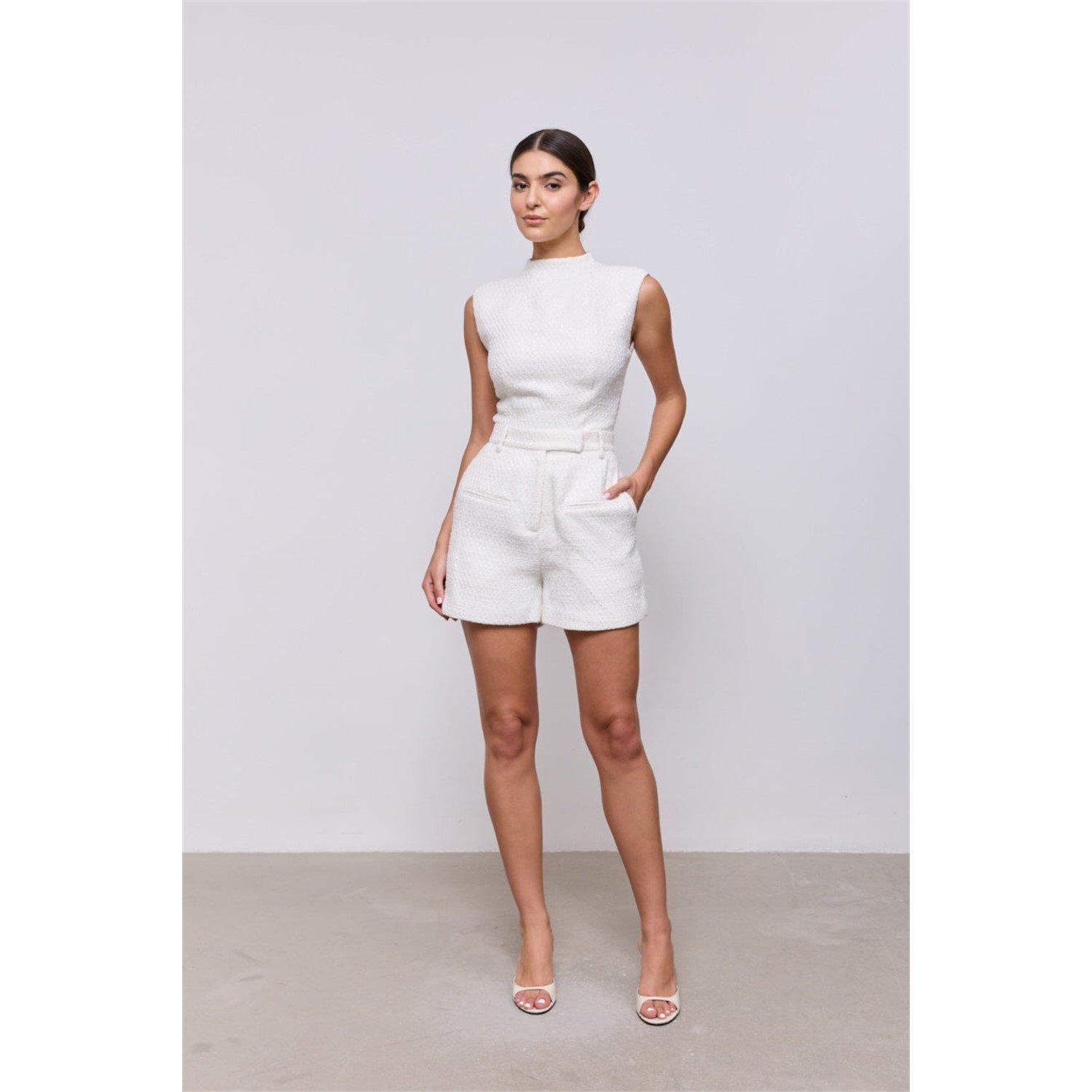 White - Odd Muse - Womens Boucle Woven Shorts - 2