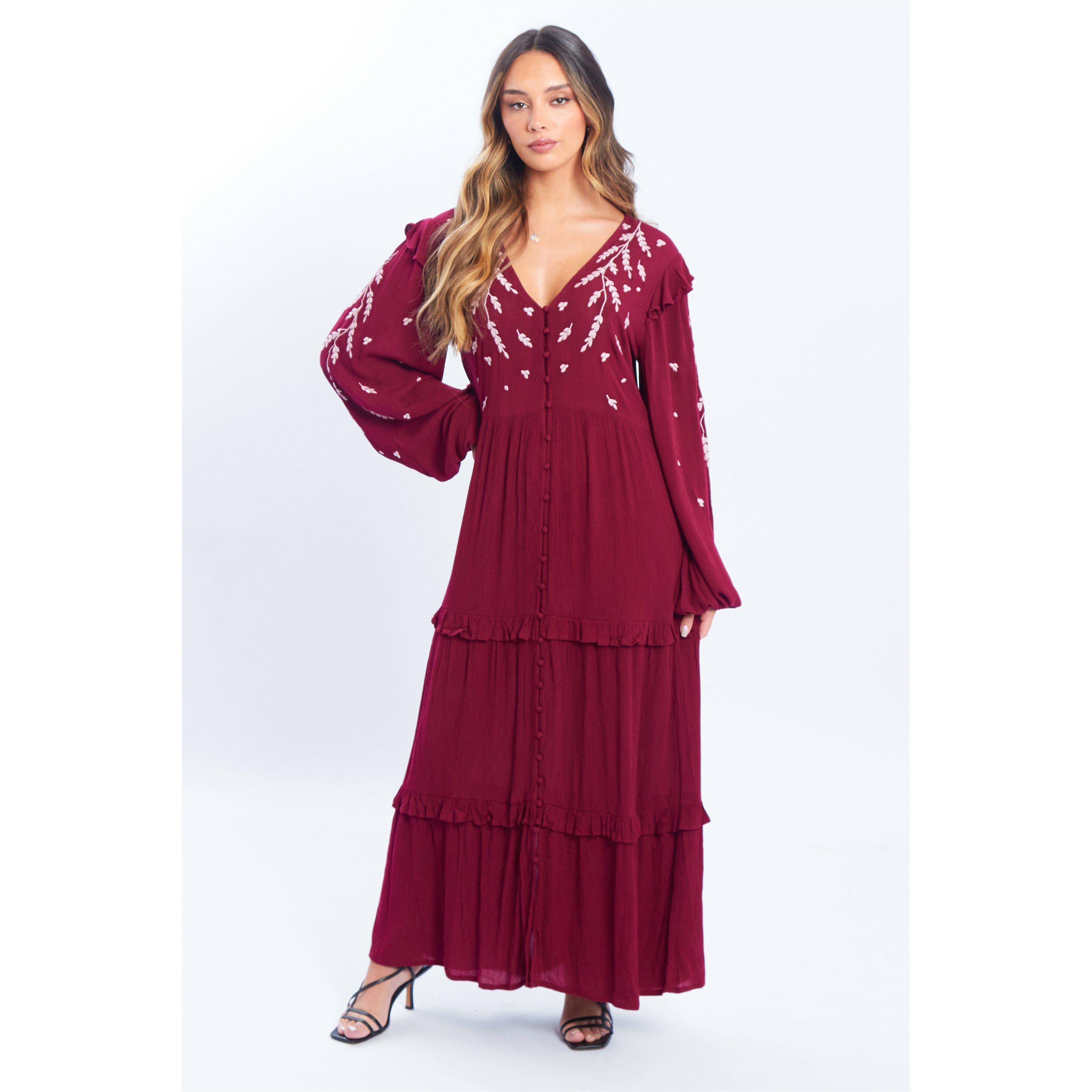 Burgundy - Be You - Women's Embroidered Maxi Dress - 1