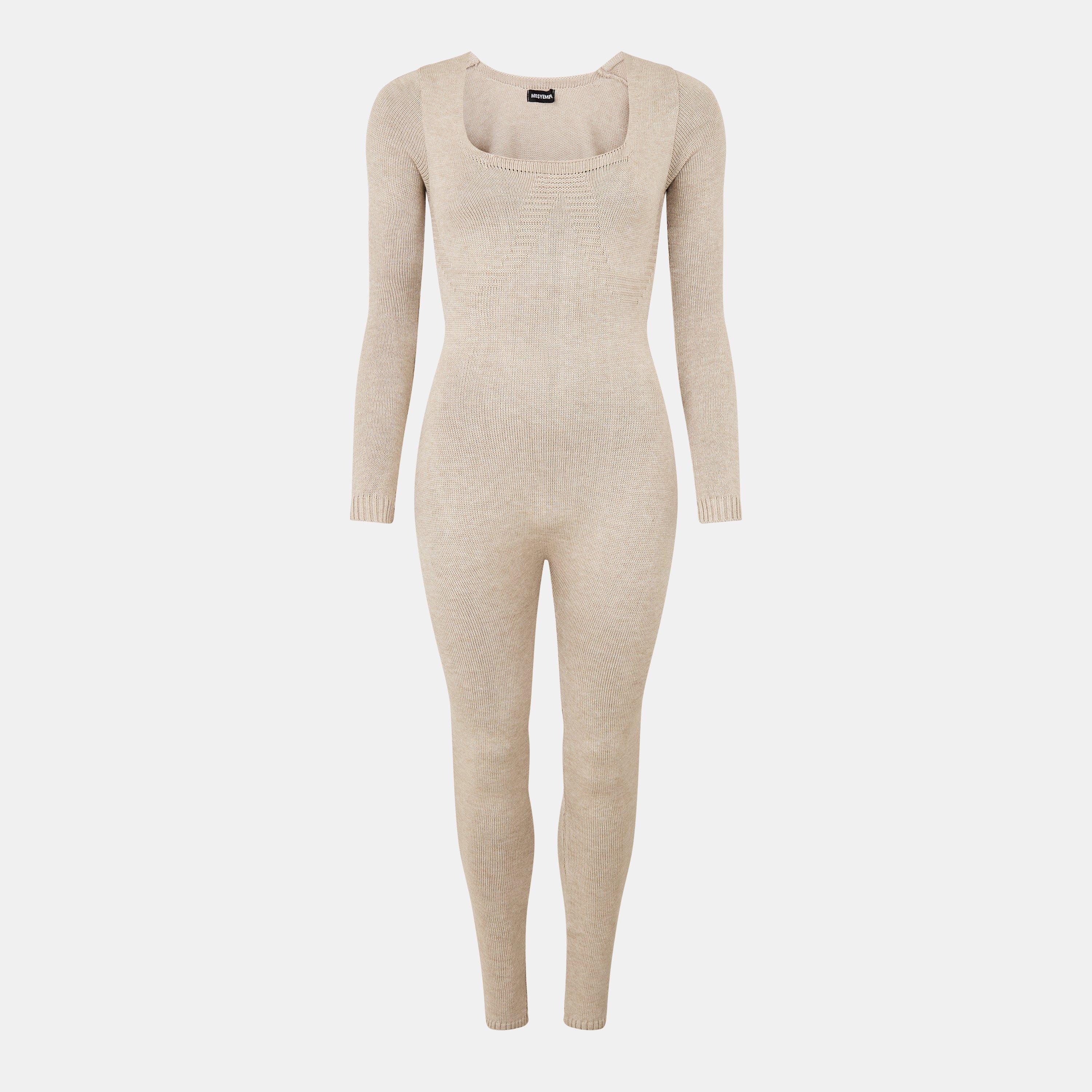 Oatmeal - Missy Empire - Knitted Long Sleeve Jumpsuit Womens - 1
