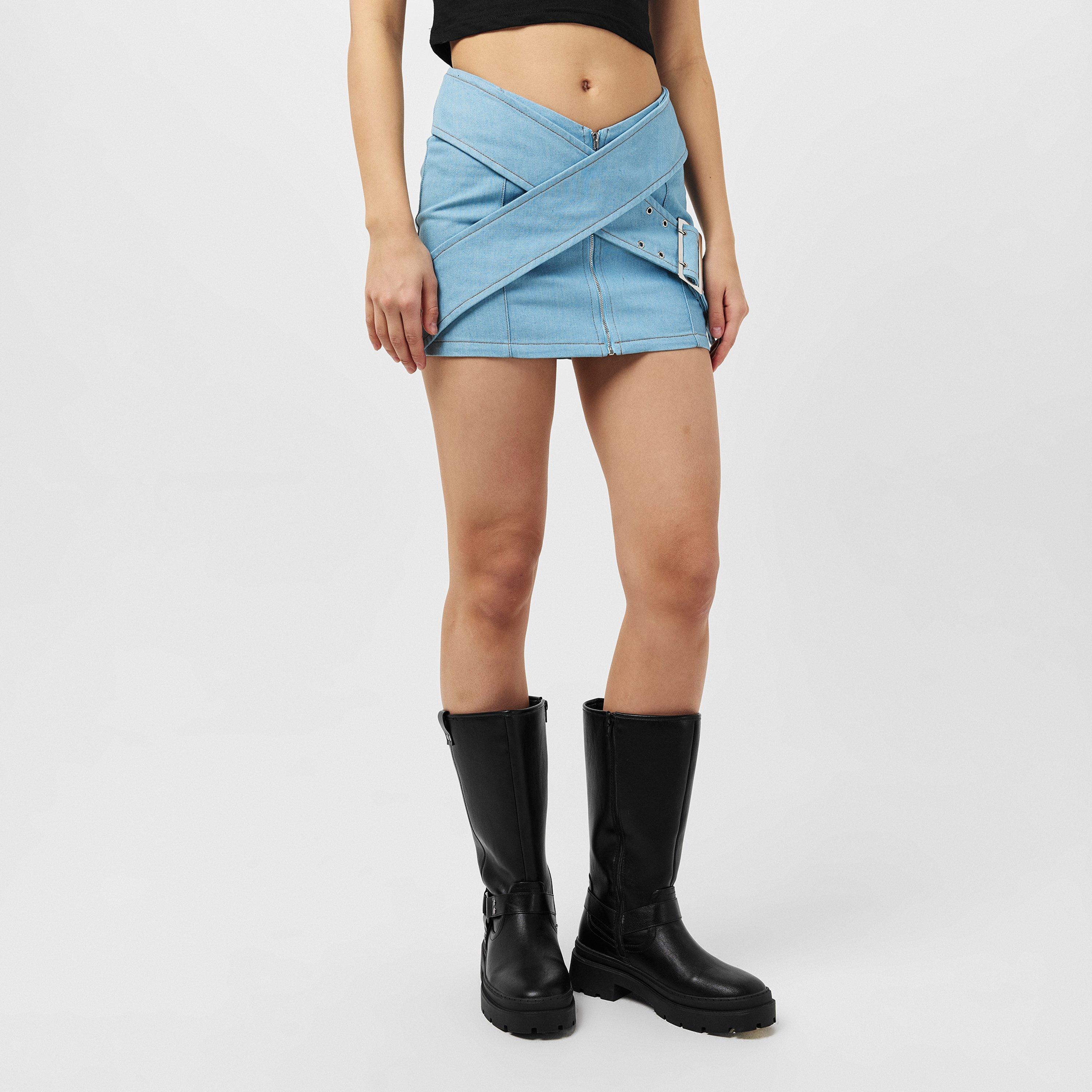 Blauw - Missy Empire - Mid Wash Pastel Blue Denim Belted Mini Skirt Womens - 3