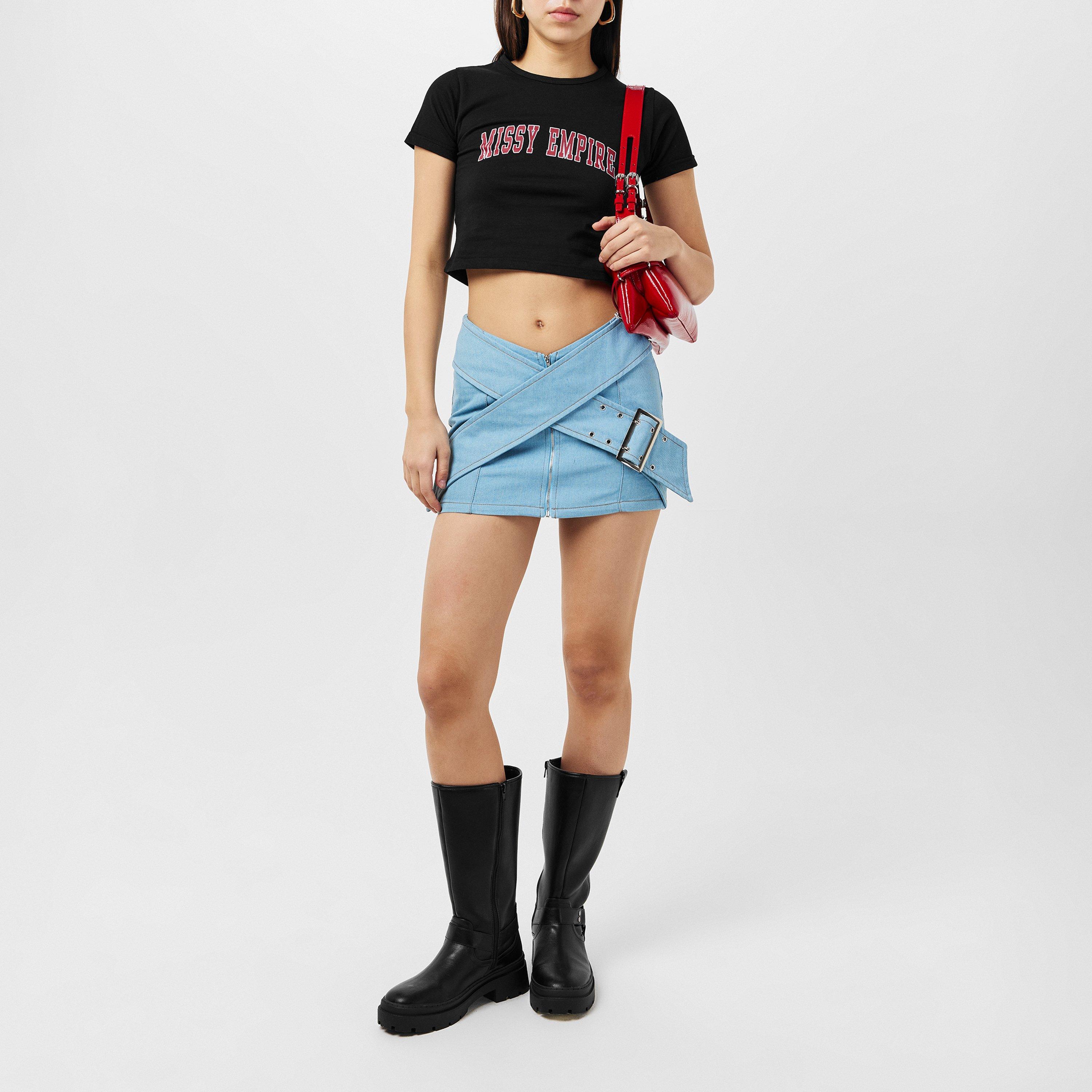 Blauw - Missy Empire - Mid Wash Pastel Blue Denim Belted Mini Skirt Womens - 6