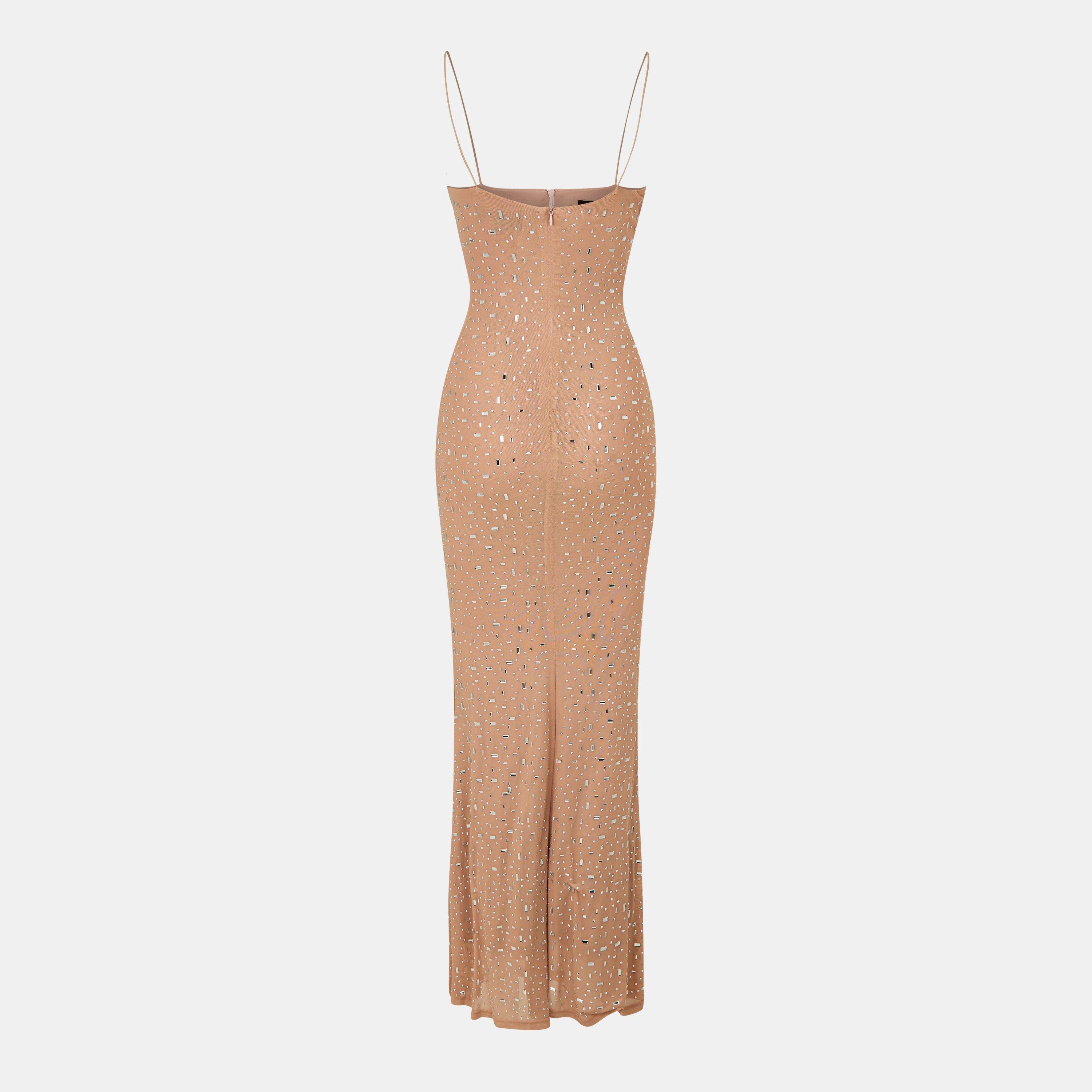 Nude - Missy Empire - Rhinestone Embellished Mesh Maxi Dress Womens - 2