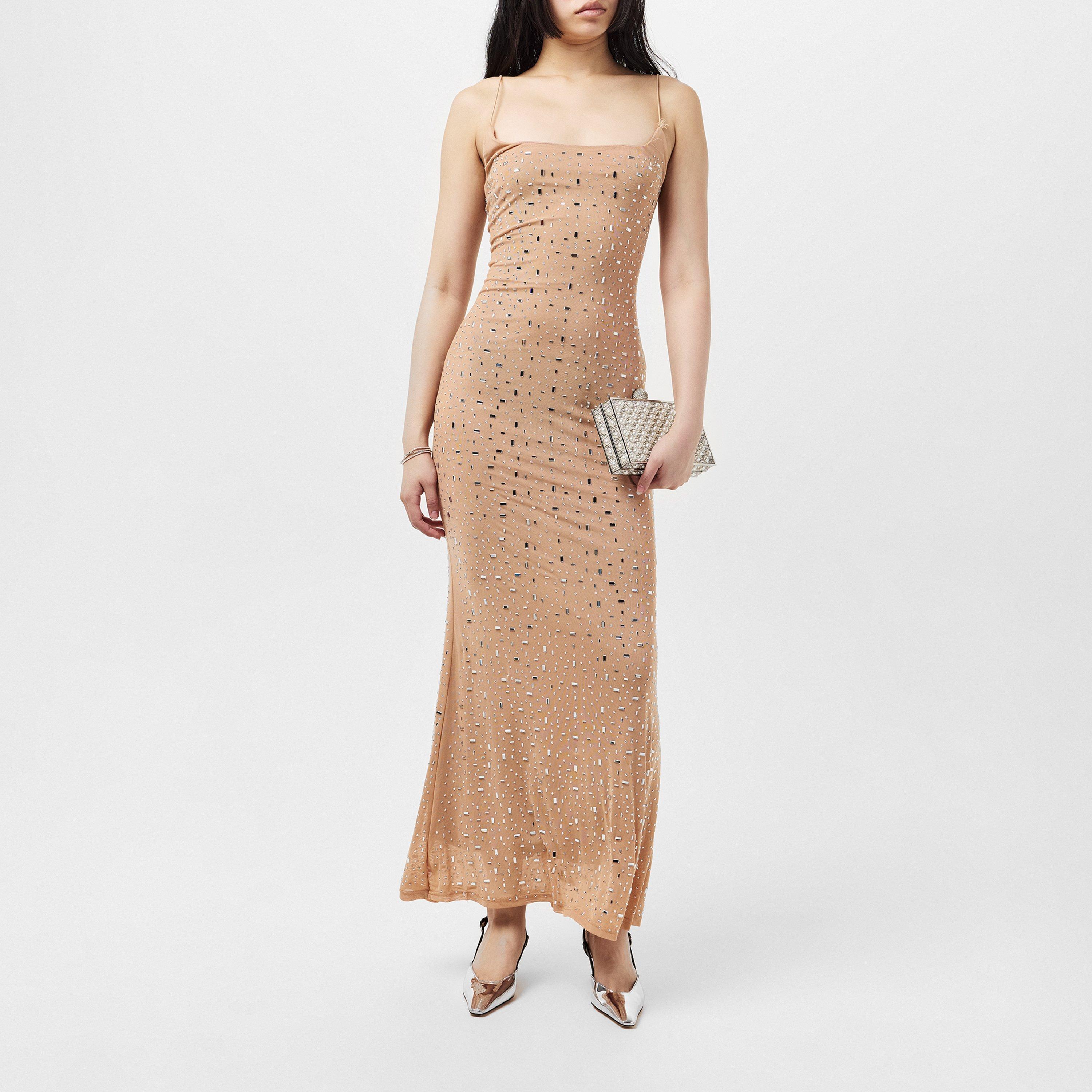 Nude - Missy Empire - Rhinestone Embellished Mesh Maxi Dress Womens - 6