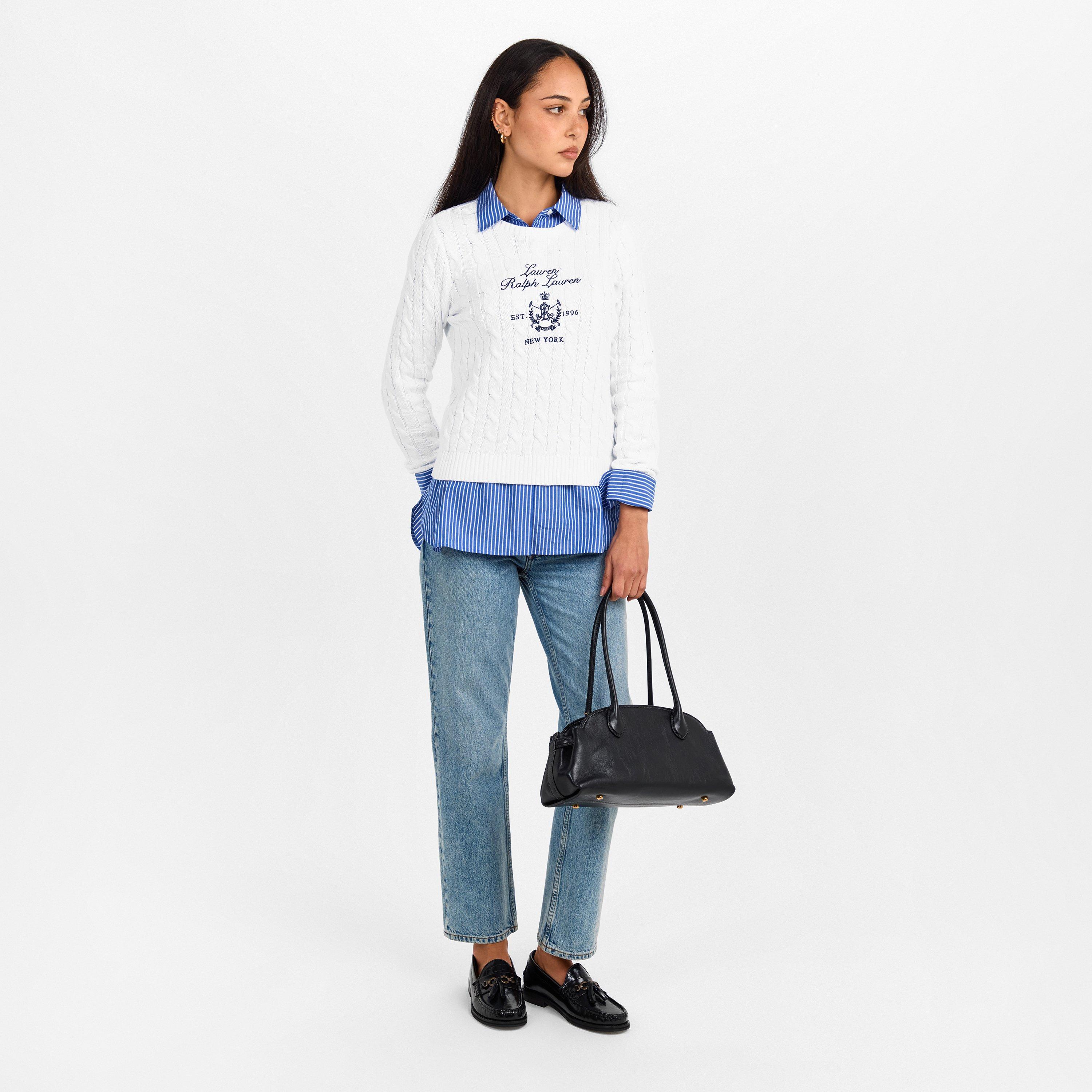 White - Lauren by Ralph Lauren - Women's Rinett Real Leather Knitted Crew Neck Jumper - 6