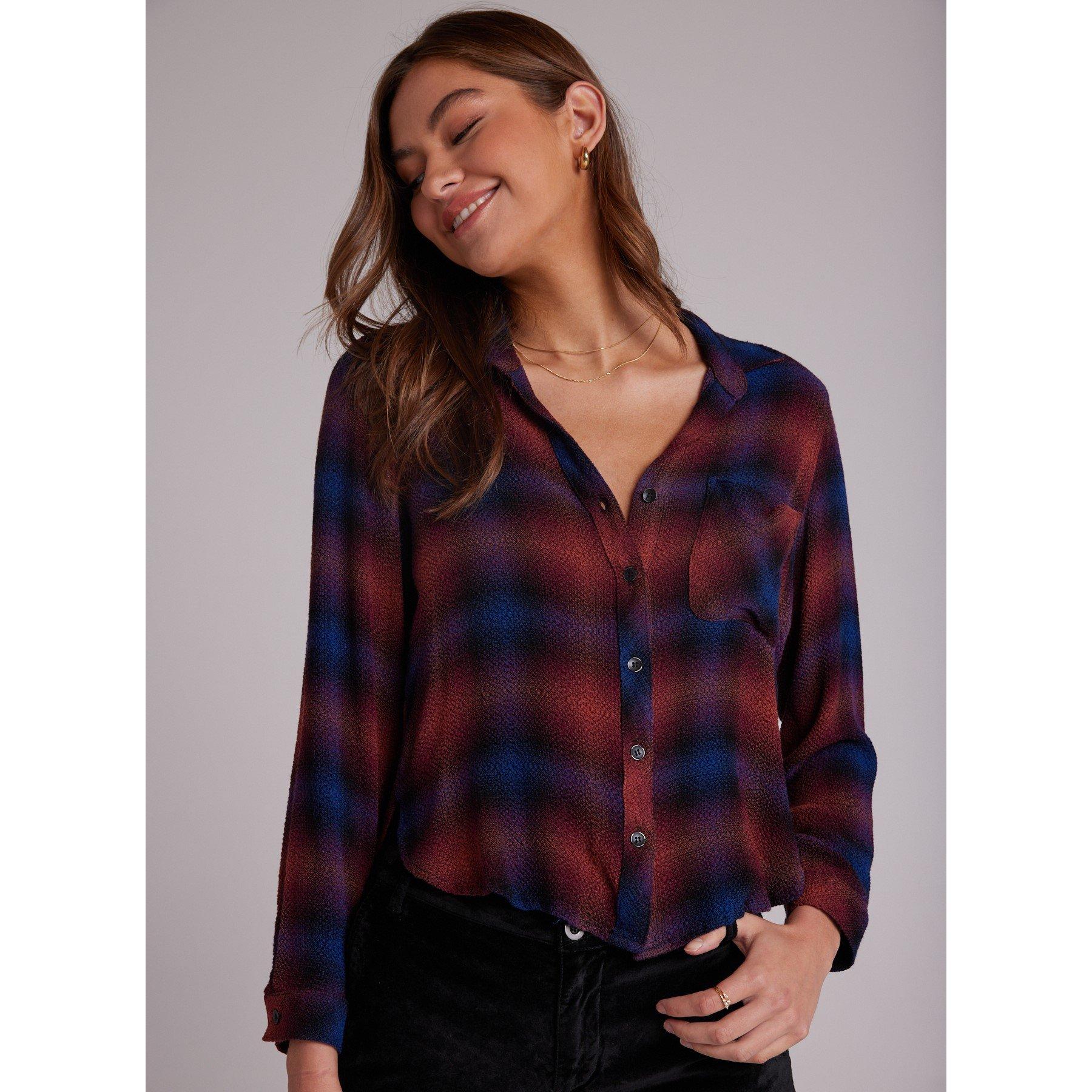Bella Dahl Women's Long-Sleeve Round Hem Plain Shirt - Jewel Plaid - 8 (XS)