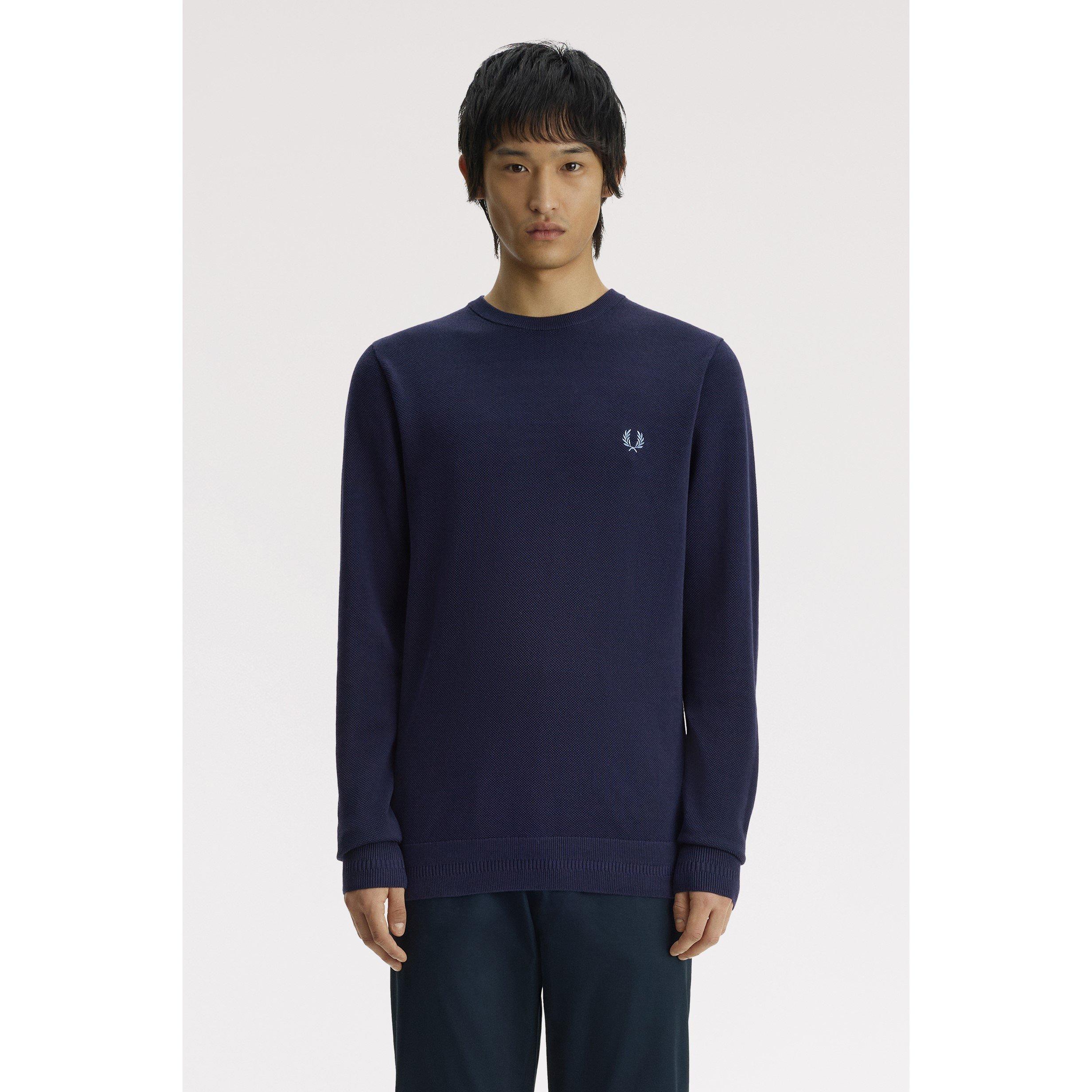 Navy 34C - Fred Perry - Men's Pique Stitch Cotton Crew-Neck Jumper - 3