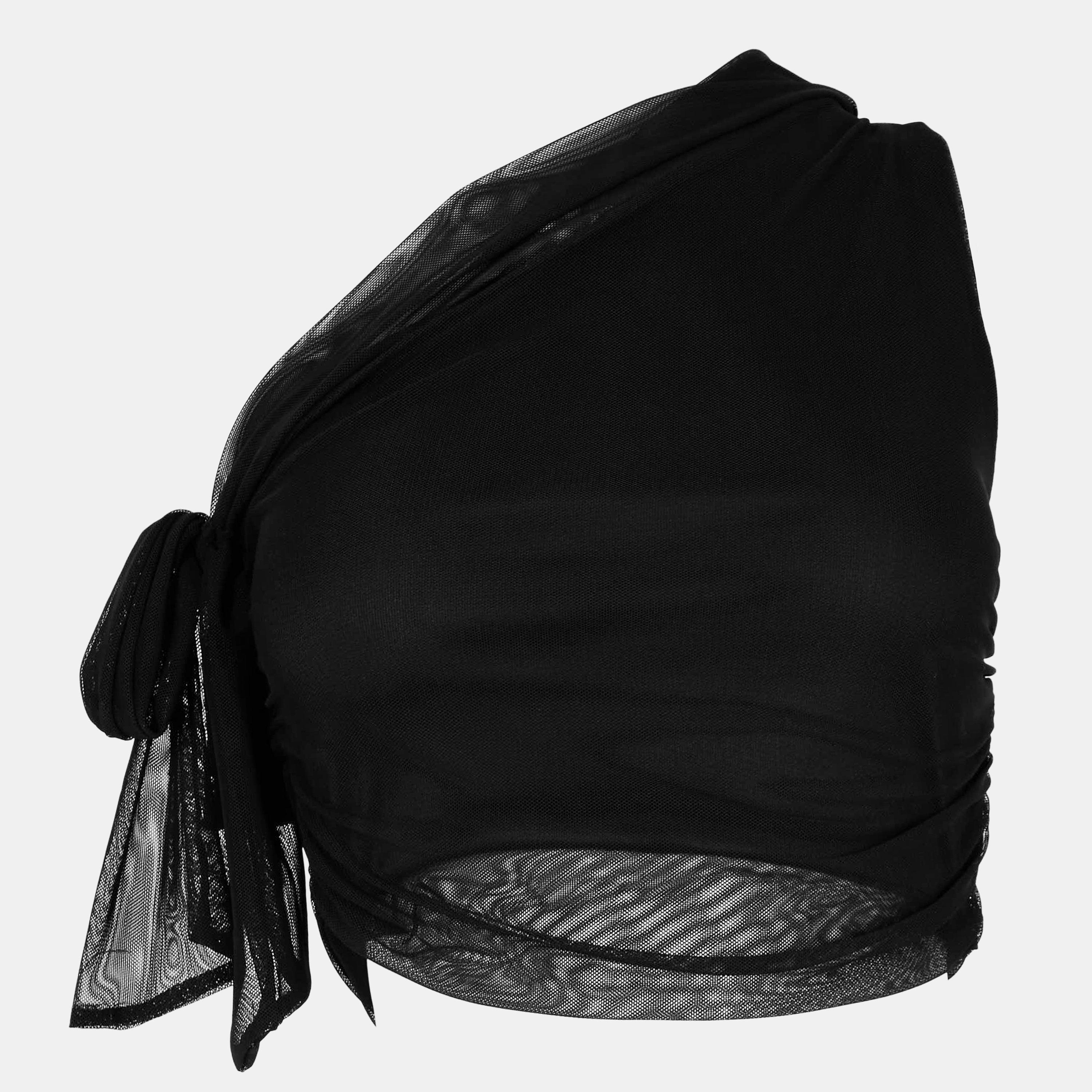 Black - Missy Empire - One Shoulder Tie Detail Mesh Crop Top - 1
