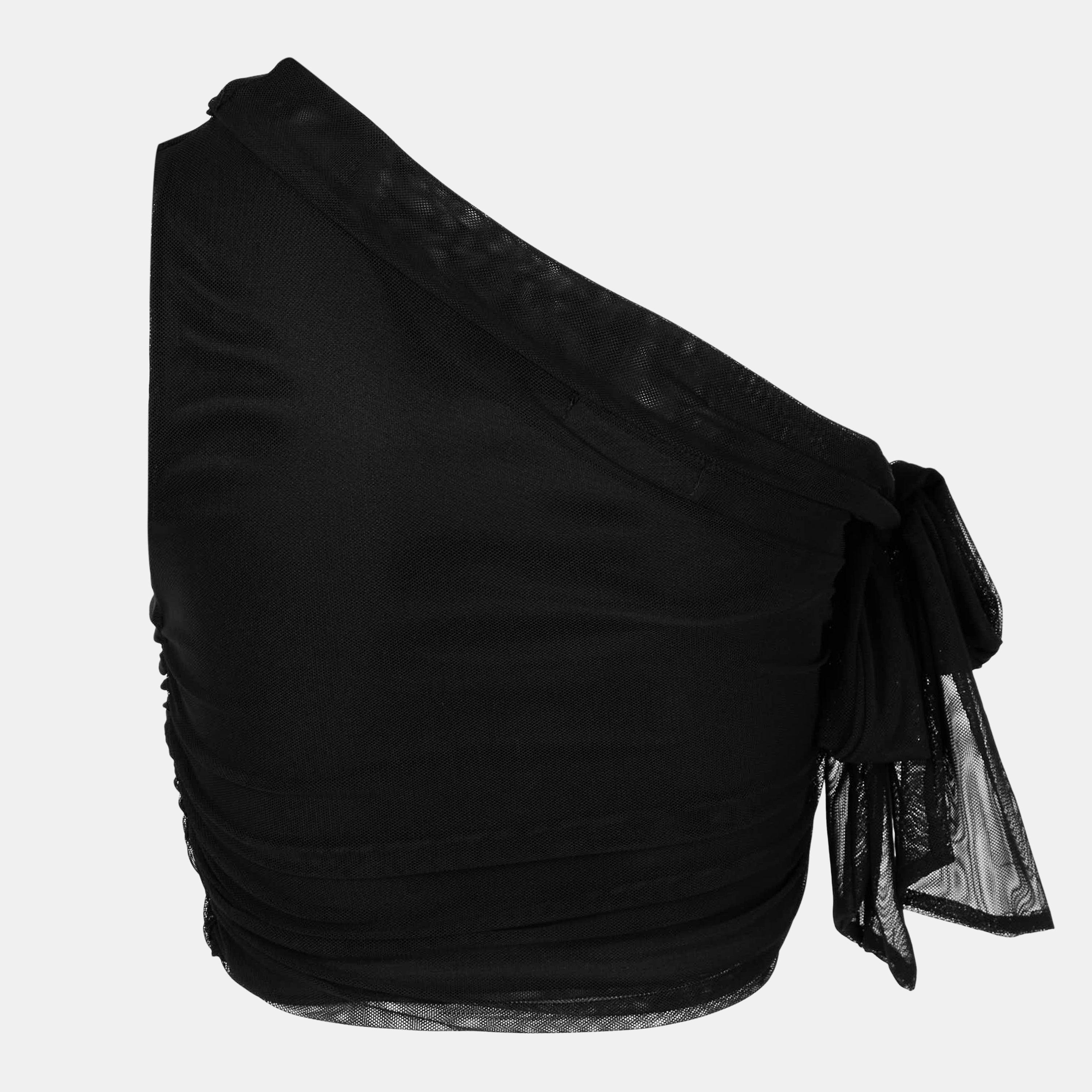 Schwarz - Missy Empire - One Shoulder Tie Detail Mesh Crop Top - 2