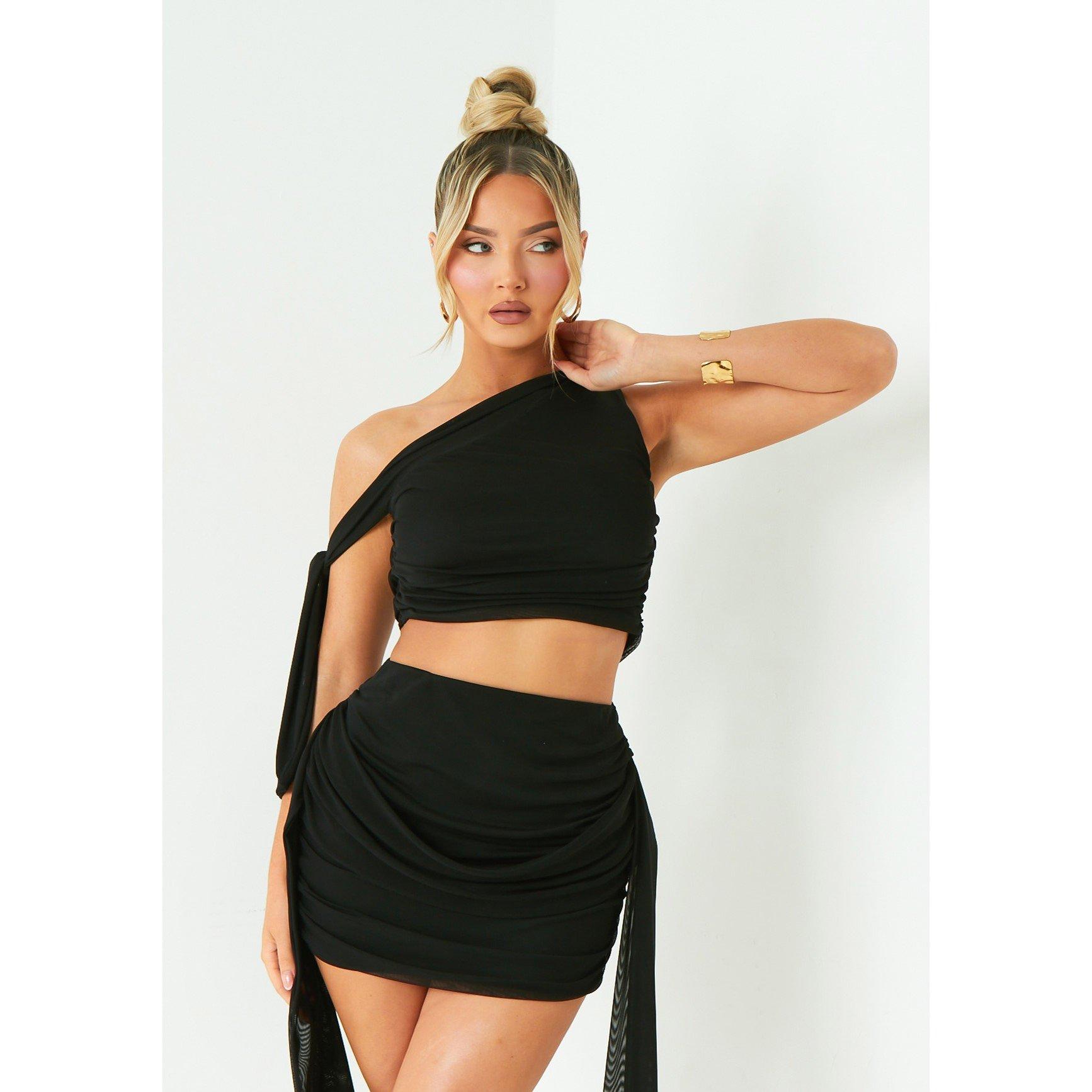 Schwarz - Missy Empire - One Shoulder Tie Detail Mesh Crop Top - 4