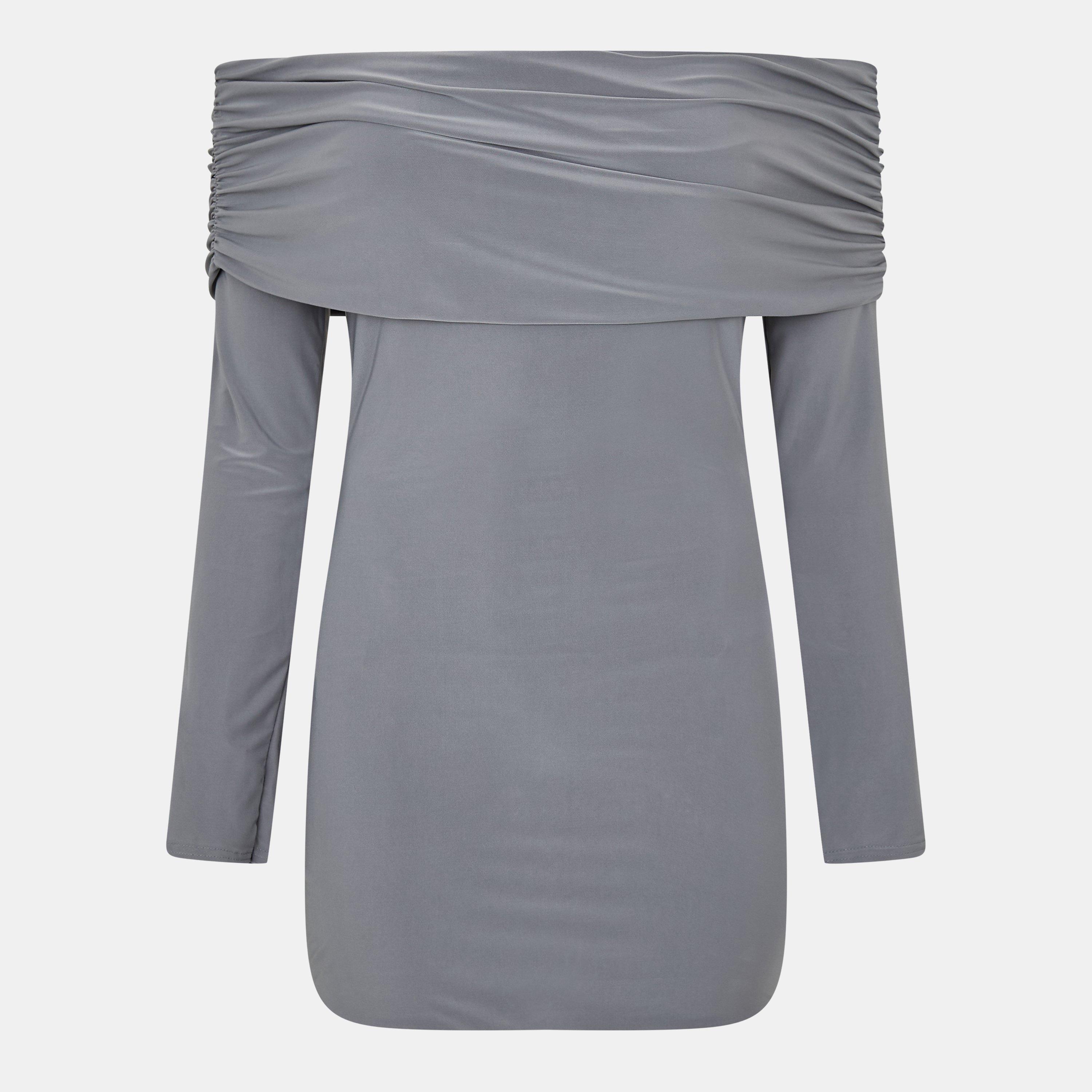 Charcoal - Missy Empire - Fold Down Long Sleeve Bardot Dress - 1
