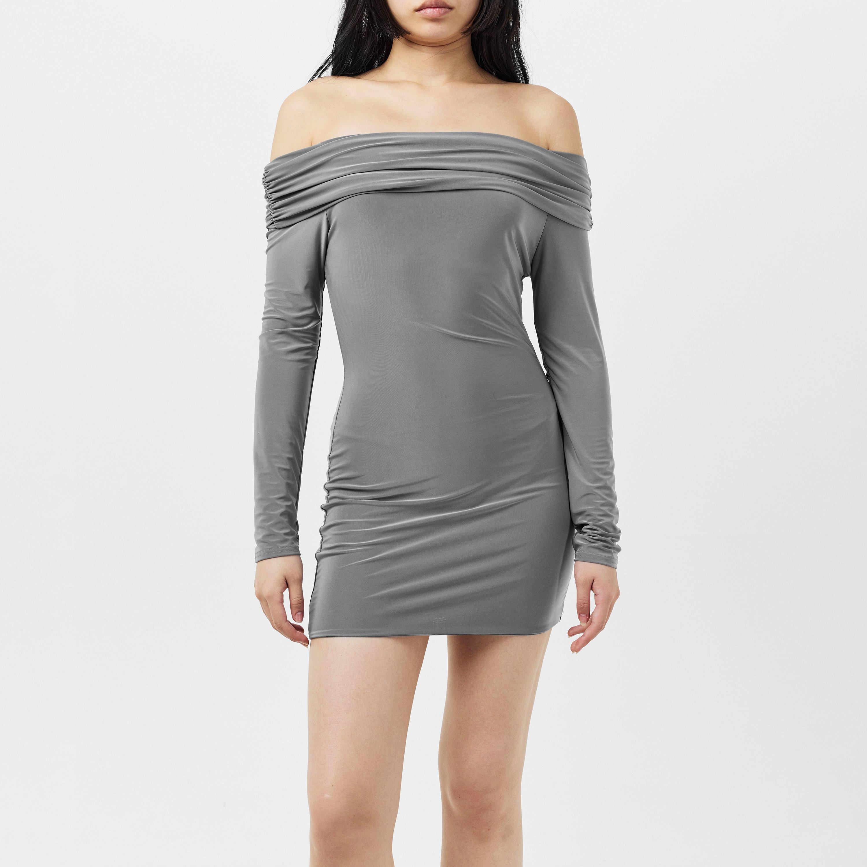 Charcoal - Missy Empire - Fold Down Long Sleeve Bardot Dress - 3