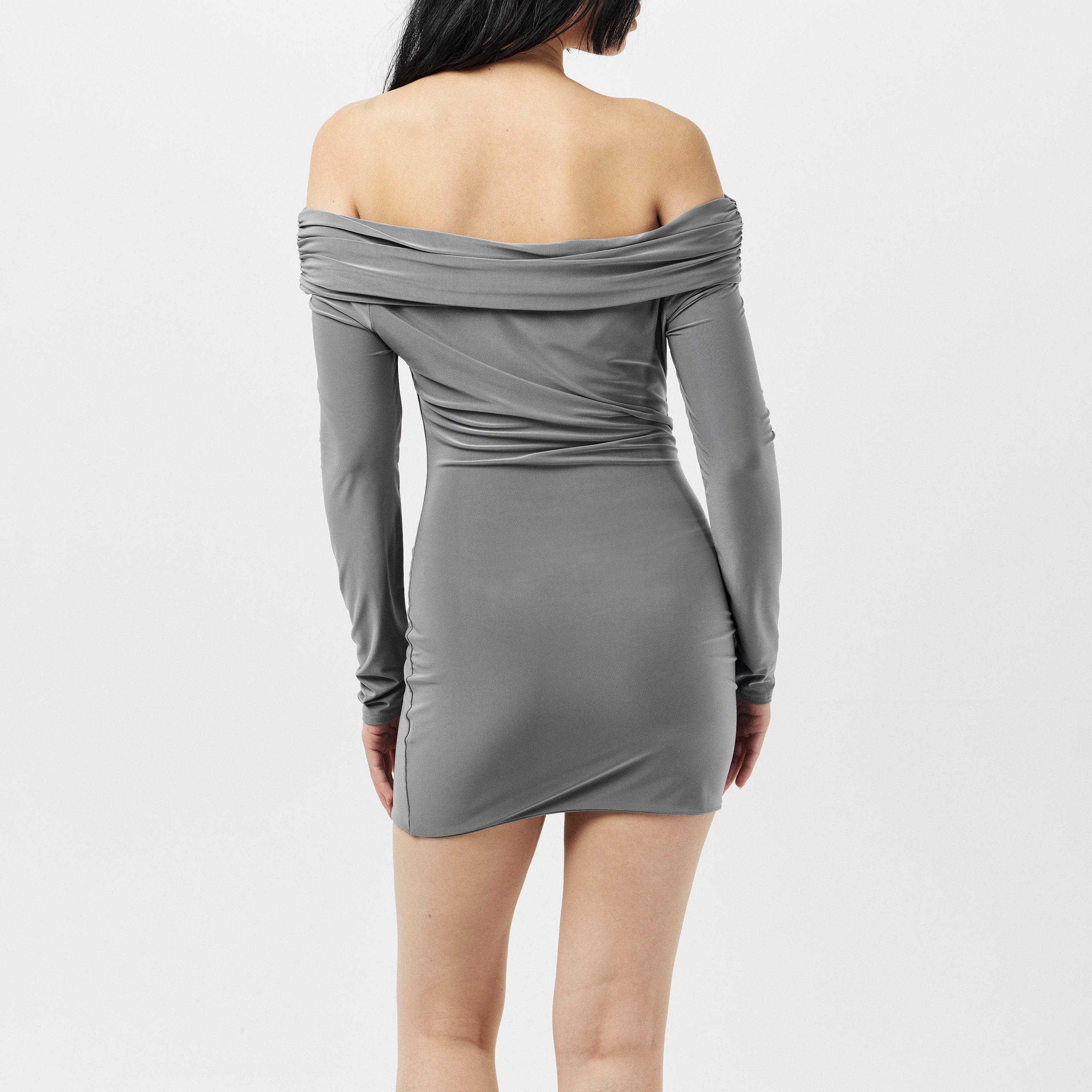 Charcoal - Missy Empire - Fold Down Long Sleeve Bardot Dress - 4