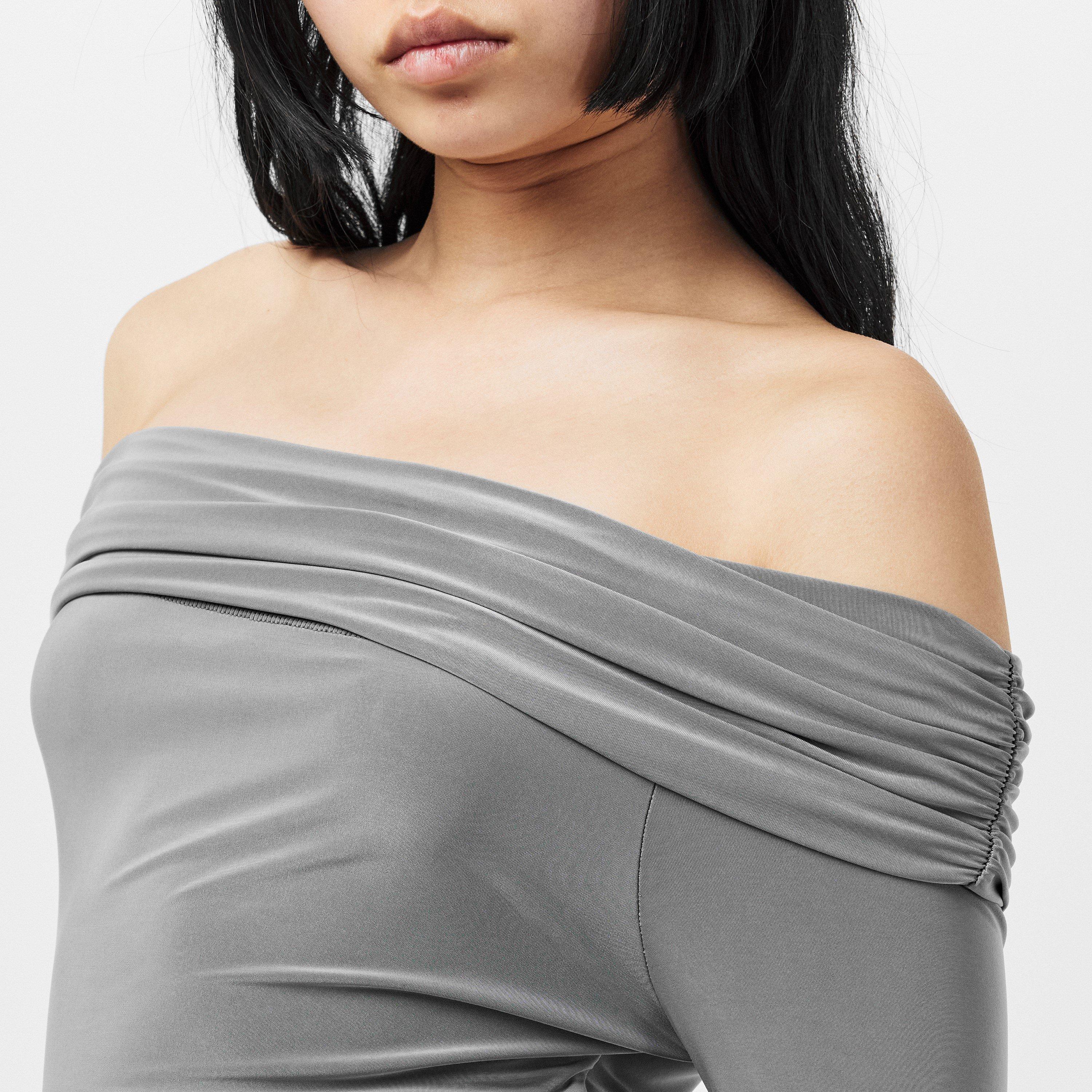 Charcoal - Missy Empire - Fold Down Long Sleeve Bardot Dress - 5