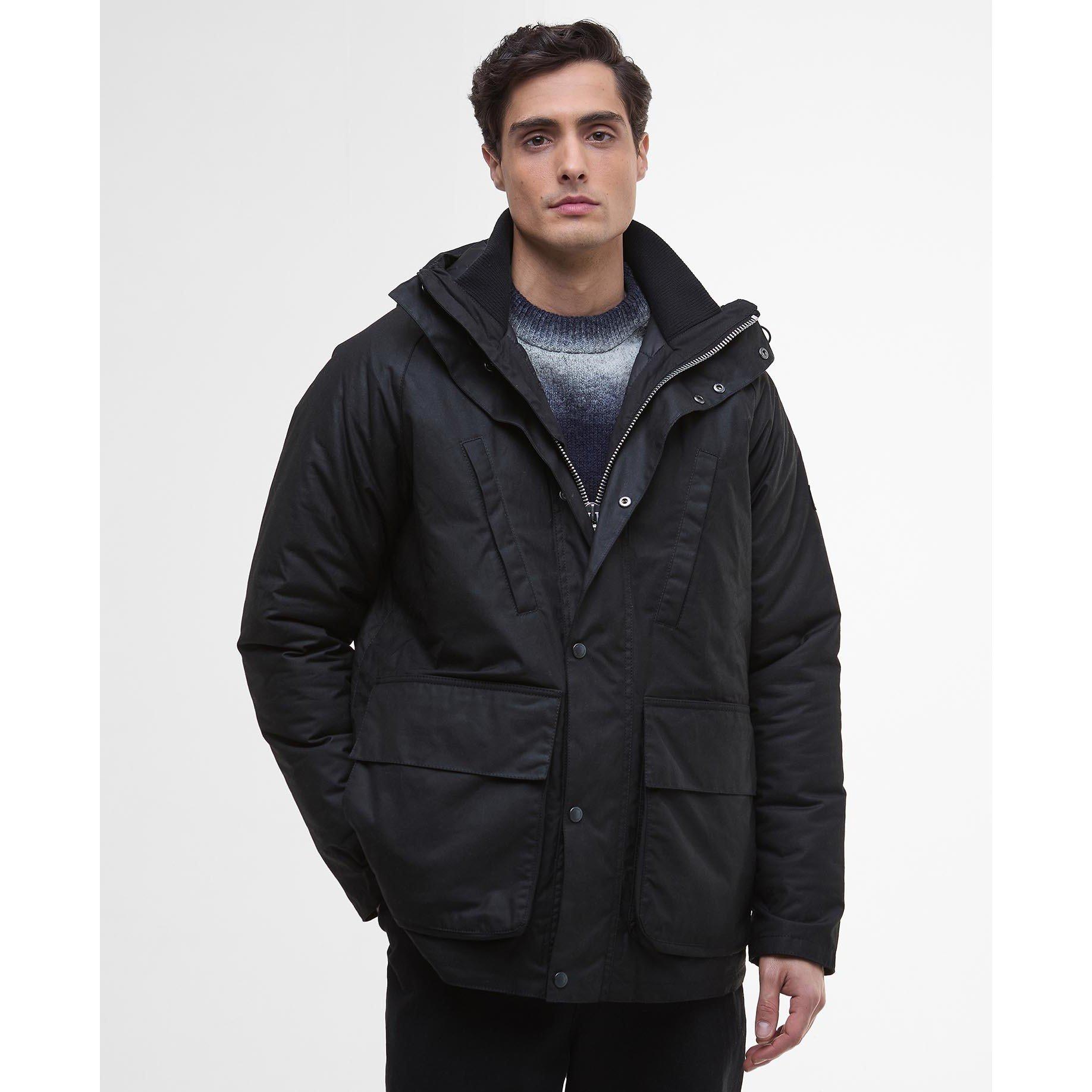Black BK71 - Barbour International - Men's Oakdale Hooded Long Sleeve 4 Pockets Full Zip Wax Jacket - 2